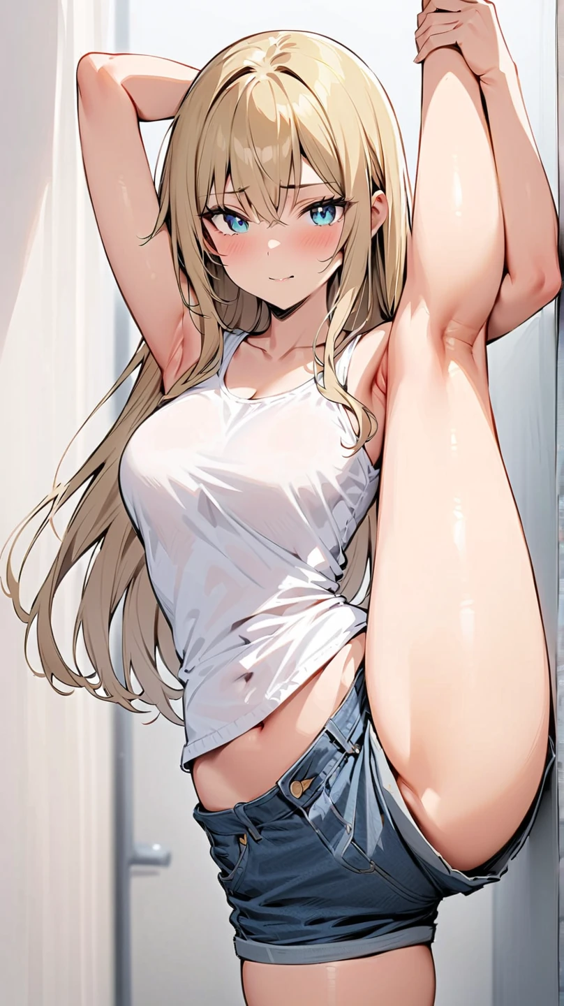 (masterpiece, highest quality:1.2), 1 girl, alone,Are standing_Split,
long hair, white sleeveless tank top,Blue Denim Shorts