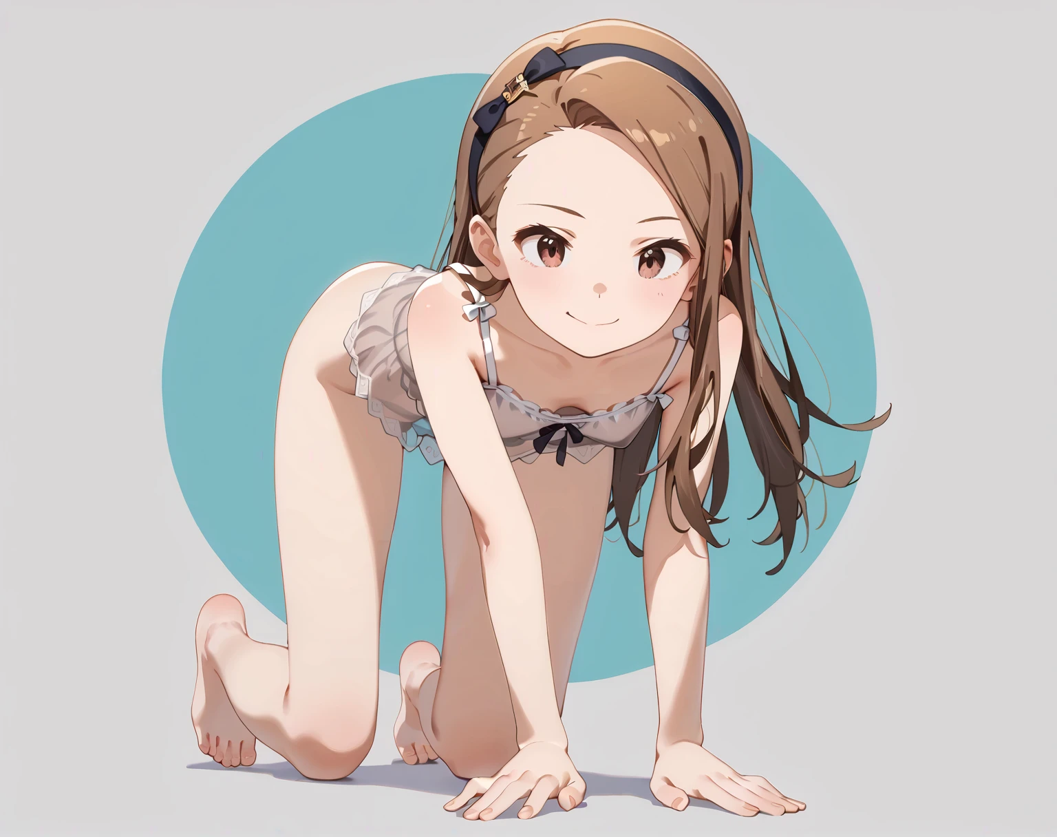 Smooth anime CG art、Focus Only、1 girl、Front view、(((full nude)))、(((nude)))、naked、(((Small breasts)))、(((brown eyes)))、(((sweat)))、Semi-short hair、(((Sweaty)))、Watery eye、blush、(((Embarrassed look)))、((Open your mouth))、(((sitting)))、(((simple background)))、(((full body shot:1.4)))、(((knees up:1.2)))、(((arms behind back)))、spread your legs、(((micro bikini)))