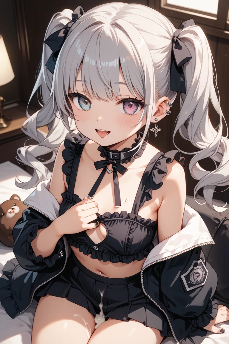 Masterpiece、Anime Coloring、Ultra fine、16K、Highest quality、from up、cowboy shot、light smile、((((blush))))、sparkle in the eyes、detailed eyes、Looking up、bed、((Elven pointed long ears))、Stylish room、、((Black bunny girl costume))、Small breasts、Red eyes、Cleavage、((Silver Hair))、medium hair、Golden ratio face、Are standing、Leaning forward、Bedroom、ponytail、