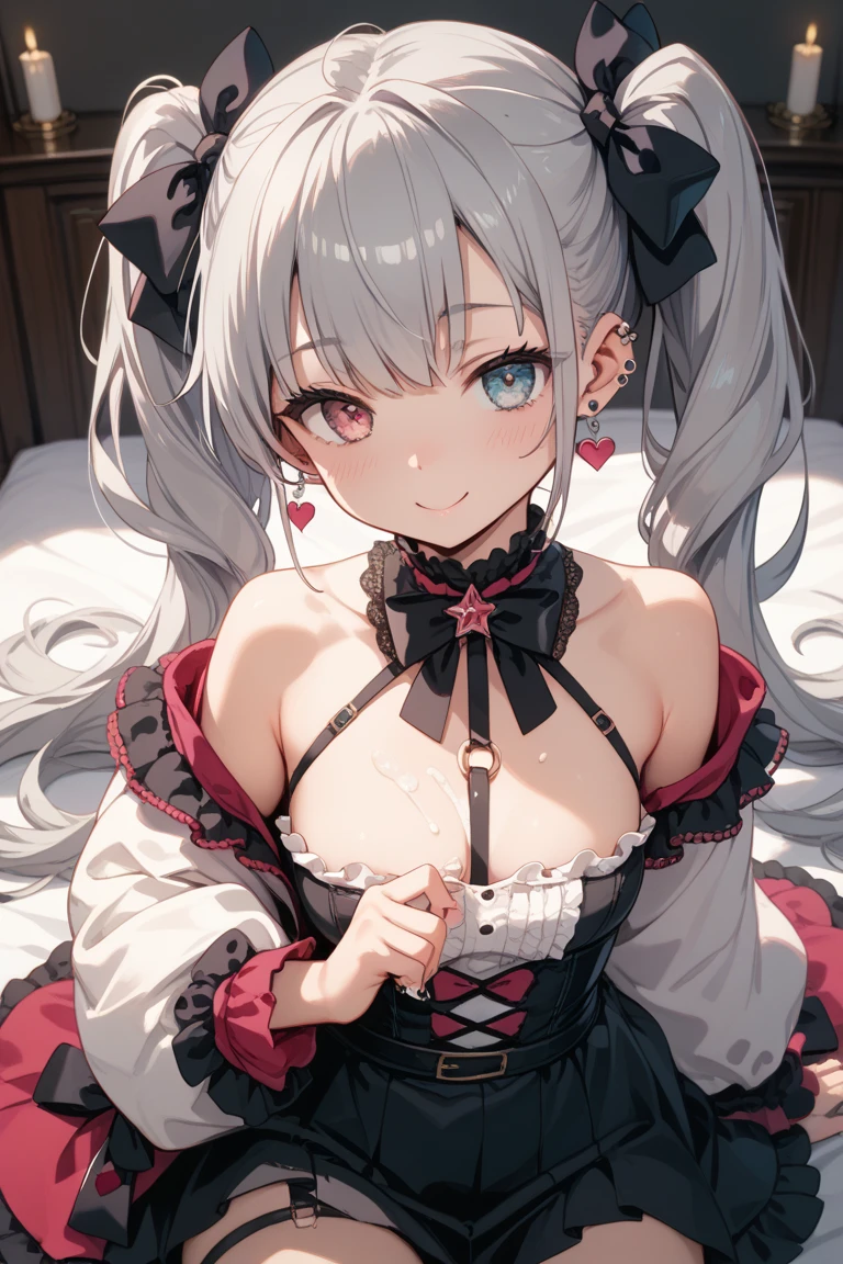 (masterpiece, best quality:1.4), 8k, Close Up, Twintail Hair, Young adult, Goth anime girl, laughing, Teasing, light Red Eyes, Big chest, Black Gothic Dress, (detailed eyes and face, sharp pupils, realistic pupils:0.6)