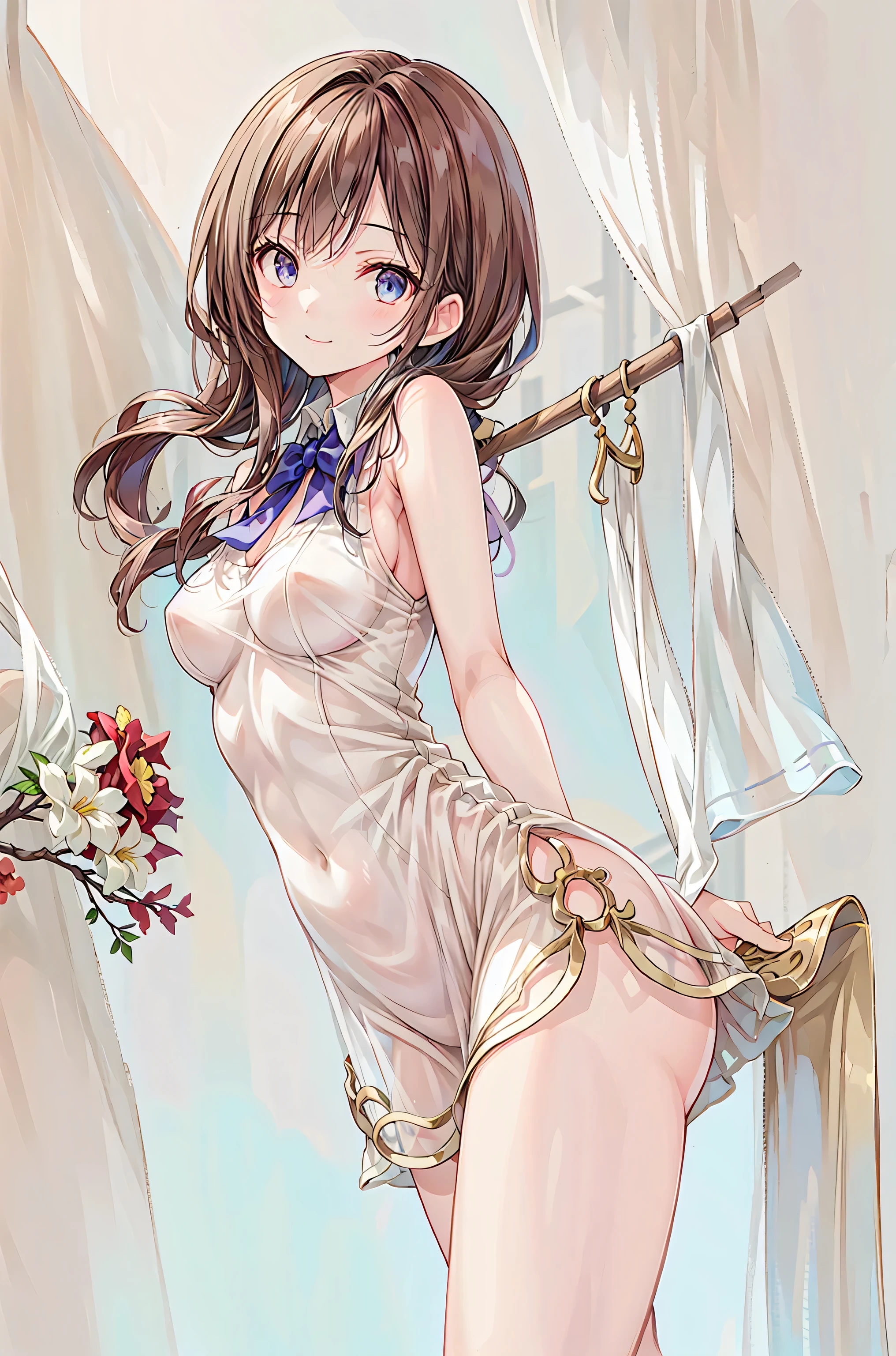 ((Highest quality)), ((masterpiece)), (detailed), Perfect Face, ((Highest quality, 8k, masterpiece: 1.3)), Sharp focus Beautiful woman with perfect body, Slim abdomen, Highly detailed face and skin texture, detailedな目, double eyelid, Brown Hair, Low Twin Blade, Hair Flower, Heart Earrings, From behind