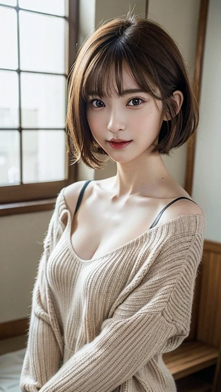masutepiece, Best Quality, 8K, 20 yo, large full breasts, cute little, Solo, sad, Cute, Girly, Delicate girl, Neat and clean beauty, Raw photo, Professional Photography, Portrait, Soft light, Professional Lighting, Back lighting, Upper body, Looking away, Sophisticated, Film grain, (Eyes and faces with detailed:1.0), Short-length floating hair, Beautiful flowing hair, Bangs, Sweaters,