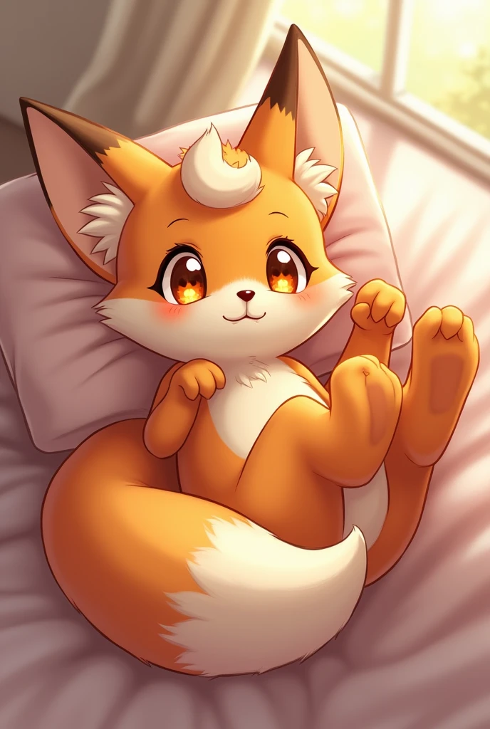 indoor, bedroom,  (chibi)
((fennekin fire)), [[rot_body, red fox_tail]],fox, (((quadruped, feral, canid, canine))), hind_limbs, (pink_pawpads:1.2), (animal_legs, animal_hand:1.2)
solo, looking_at_viewer
spread_legs, on_back
best_quality, hi_res, masterpiece, absurd_res
Highly_detailed, 4k, high_detail, detailed_background
uploaded_on_e621, (by_Hioshiru:1.2), (by_Ancesra:0.6), (by_Kekitopu:0.6), (by_kikunyi:0.6), (by_Syuro:1.2), (by_Doxy:0.6), (by_youjomodoki:0.6), by_dacad, (by_reysi:1.2), by_zinfyu, by_pata, by_chunie, by_dr.bubblebum