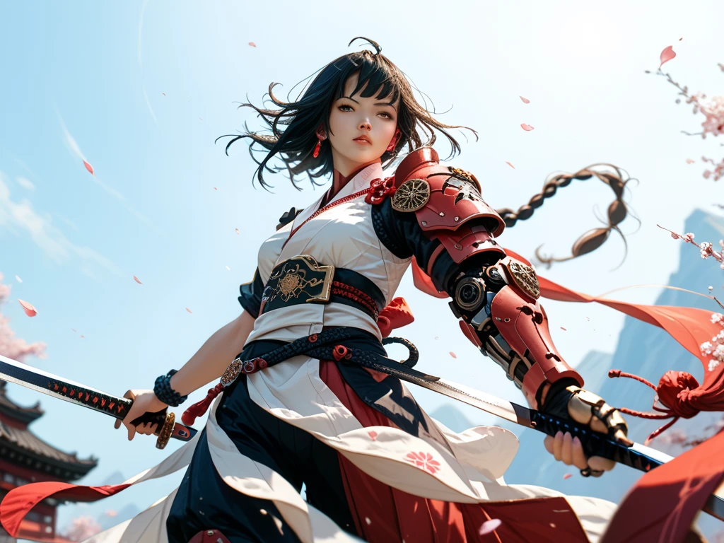 top quality,8k,Max Video Quality,Wakai Female,1 person,Oiran,(wielding a katana with great force:1.3), very detailedな,( smile),(from front:1.8),(Squat and spread your legs:1.3),() ,(battle pose:1.6), Brilliant Appearance ,extremely detailed, Imaginative,sensual ,top quality,  skin texture,(big red eyes:1.8),(Milkmaid braid:1.8),(black hair:1.8),muscular,(huge breasts),(underboob),( white Samurai armor:ed cloak),(gypsy skirt),(garter belt),(black tights,Zettai Ryouiki),absolute region with to,Intricate Details ,crepuscular rays:1.3,(A field of blooming lilac in full bloom:1.8),(white background:1.6),(),  RAW photos , 8k, masterpiece, top quality,ultra detail,very detailed, Intricate Details ,high resolution,超Intricate Details,very detailed 8k cg wallpaper,