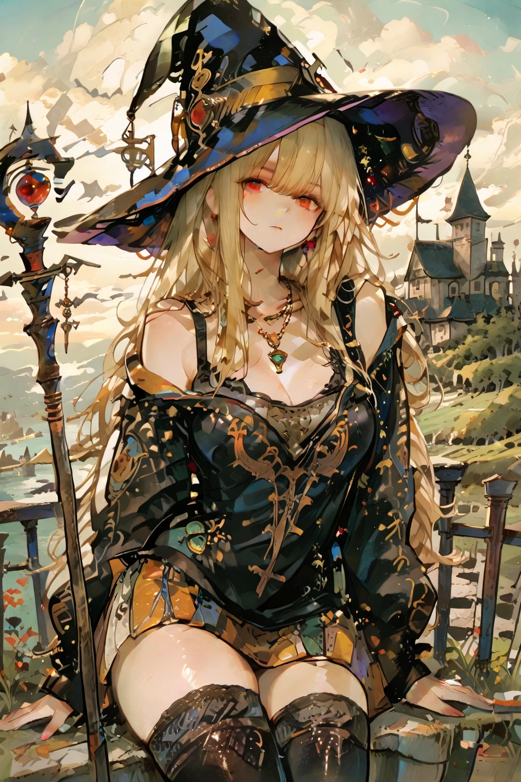 ((masterpiece)), (RAW Photos: 1.2), (Professional photography:1.2), (High resolution:1.3), One Woman, ((witch)), Fluffy hair, One woman with long beige hair, ((witch)), Fluffy hair, Beige long hair, witch&#39;Robe and fluffy skirt, (Beautiful Black witch Hat), Holding a magic wand with both hands, cute, Tabletop, High resolution, high quality