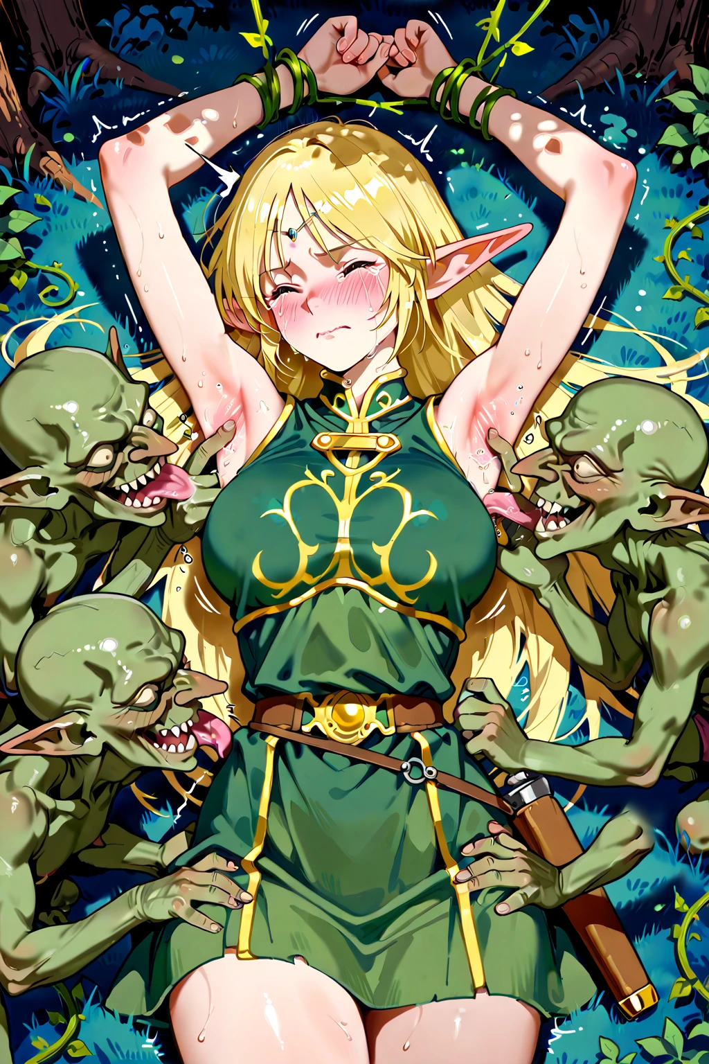 1 mature woman,25 years,(a wounded female paladin is surrounded and attacked by many goblins during battle),Goblin inserts penetration into a woman from behind,monster,(wicked,crying),((broken paladin armor)),(woman on fours),dynamic pose,Dynamic angle
