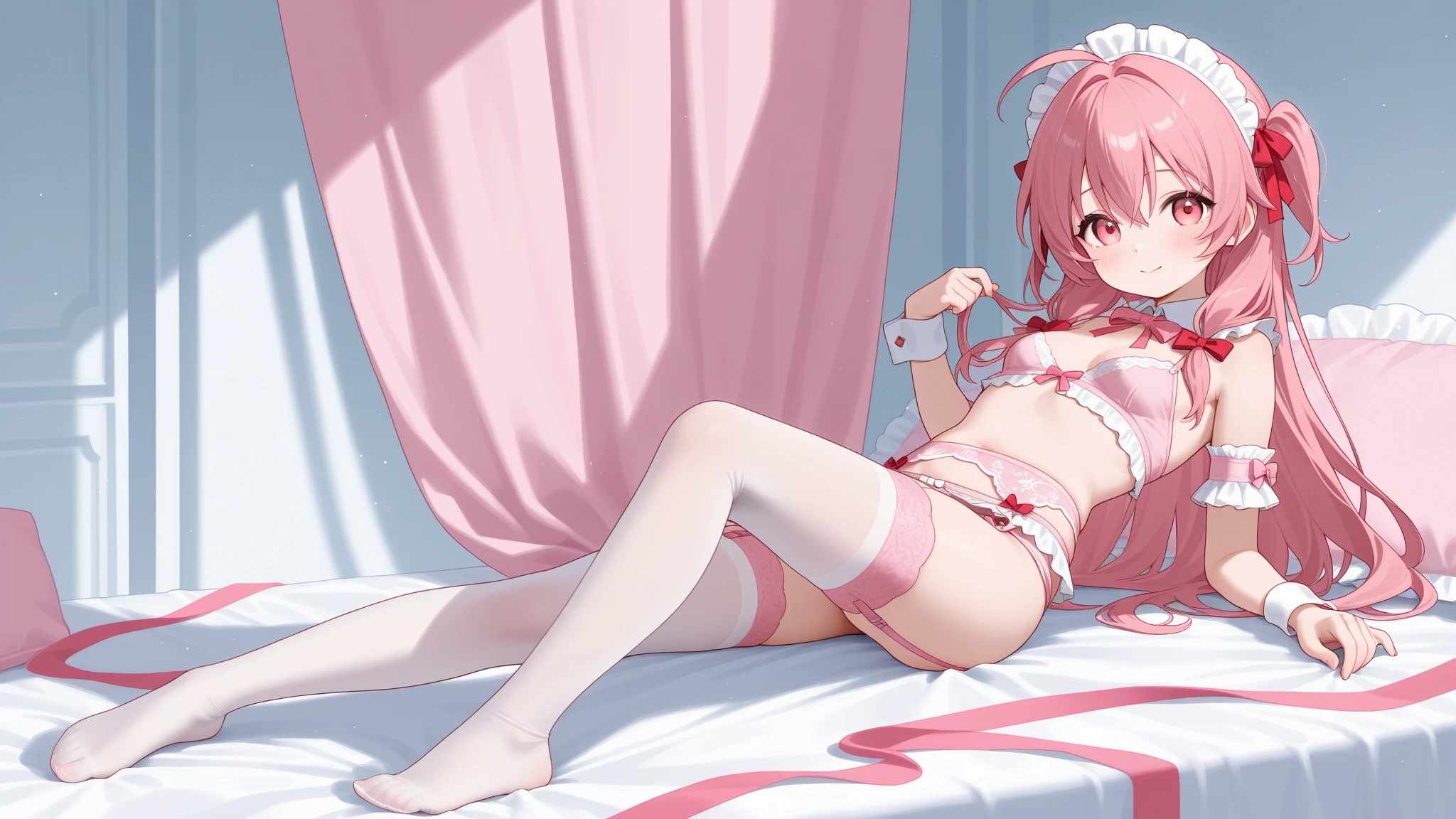 Show the soles of the feet, Lying down, Soles of the feet, M-shaped legs, Woman with open legs, Representative work, Alone, Solo, , Tears, (back arm: 1.2), Tightness, Chain, Heart-shaped pupils, Open mouth,White panties, White bra