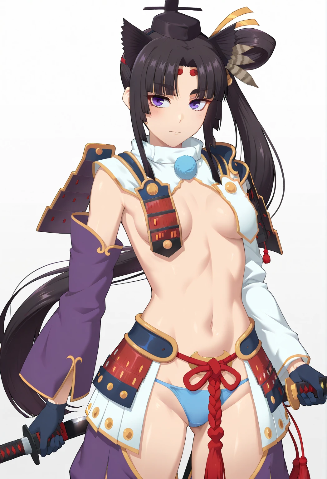 masterpiece, best quality, highres, hmushiwa, side ponytail, long hair, hat, tate eboshi, feather hair ornament, japanese armor, breast curtains, navel, detached sleeves, asymmetrical sleeves, white sleeves, purple sleeves, pom pom (clothes), tassel, blue panties, single glove, single pantsleg, <lora:ushiwakamaru_(fate)_v1:0.8>, standing, cowboy shot, smile,