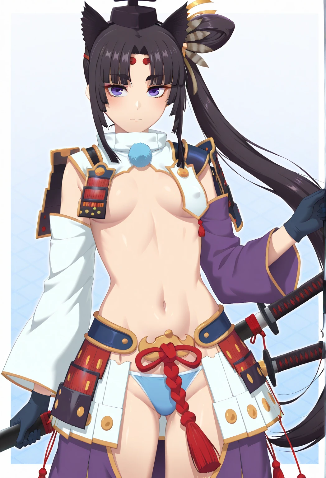 1girl,large breasts,standing, pornocos, <lora:PornocosV1:1>,underboob,eyepatch, black hair,