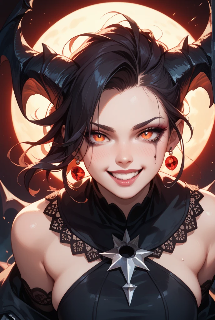 Black Demon, red horns and black aura, Red eyes, smile with jagged teeth. Ultra-detailed, ultra-realistic