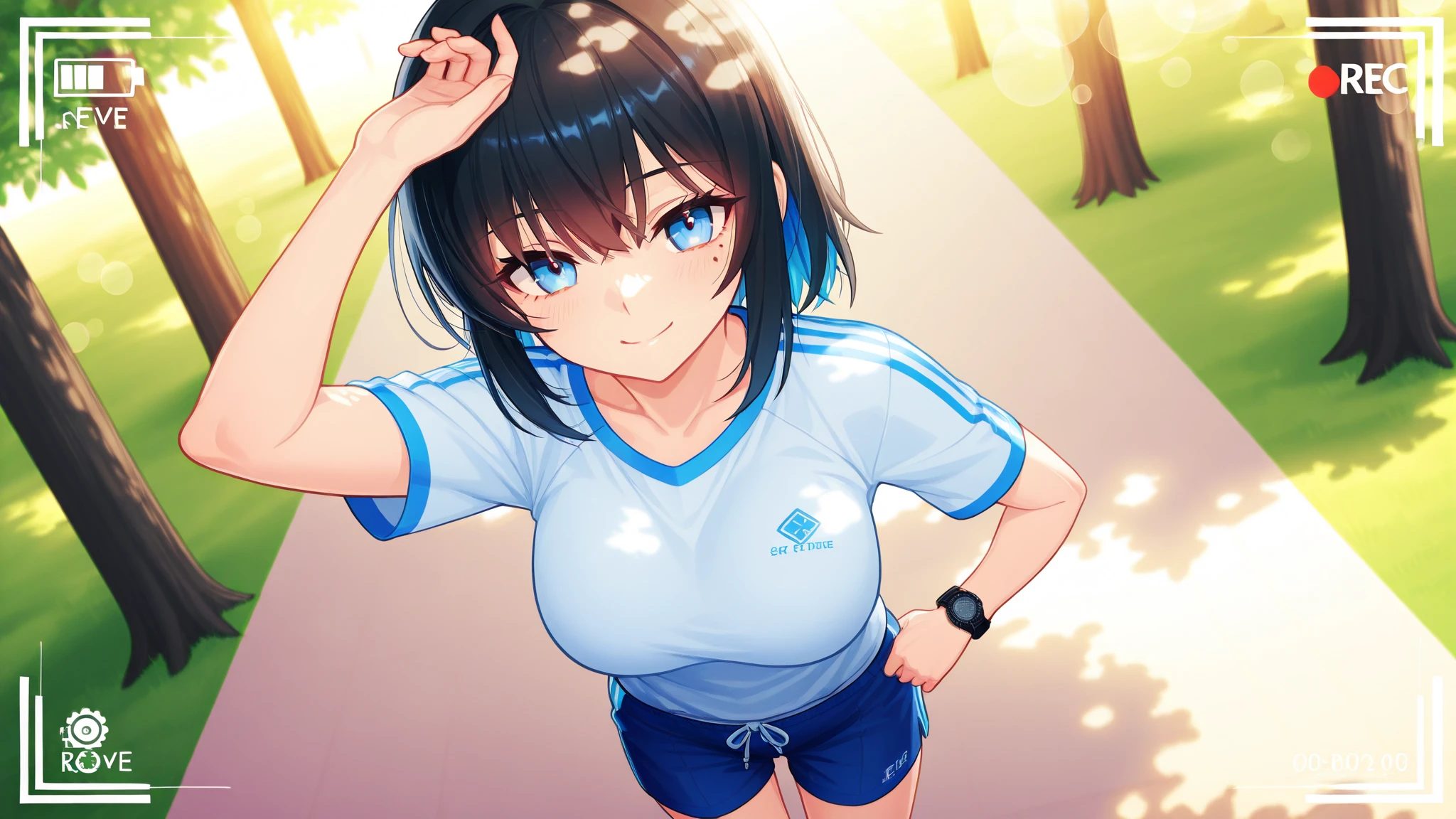 mastute piece,Best Quality,insanely detailed,8k cg,nsfw,
(shoot upper body:1.3),
(1girls:1.3),standing,looking at viewr,body in front,both arms behind back,(school gymwear,school-buruma:1.2),
break,
blush,shy,(trembling:1.2),(Blue Hair),
break,
perfect breasts,perfect teats,(open mouth:0.9),(large breasts:1.2),
outdoor sports field,