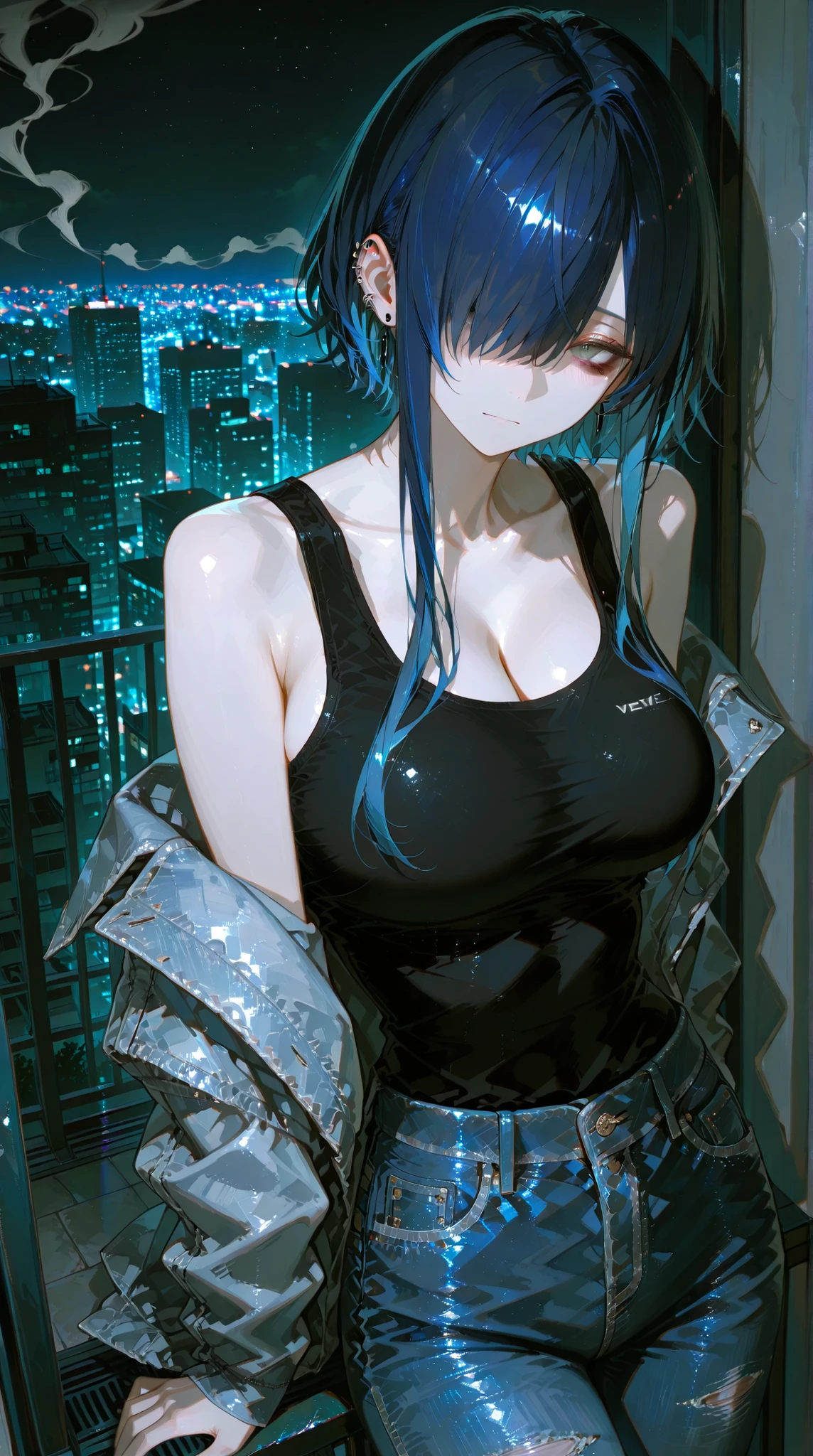 Refined Realistic Style(0.8), Master Level, EXTREME DETAILS ,专业级后期处理,Masterpiece,anime style(1.2),Best Quality,high resolution,8K,1girl、dark haired(Blue hair on the inside)、leaning against the wall、grey eyes(no eye highlights)、dark circles under eyes、black tank top、Off Shoulder Jacket、denim pants、piercings、Smoke、
apartment veranda、Night City、Night view、viewers、