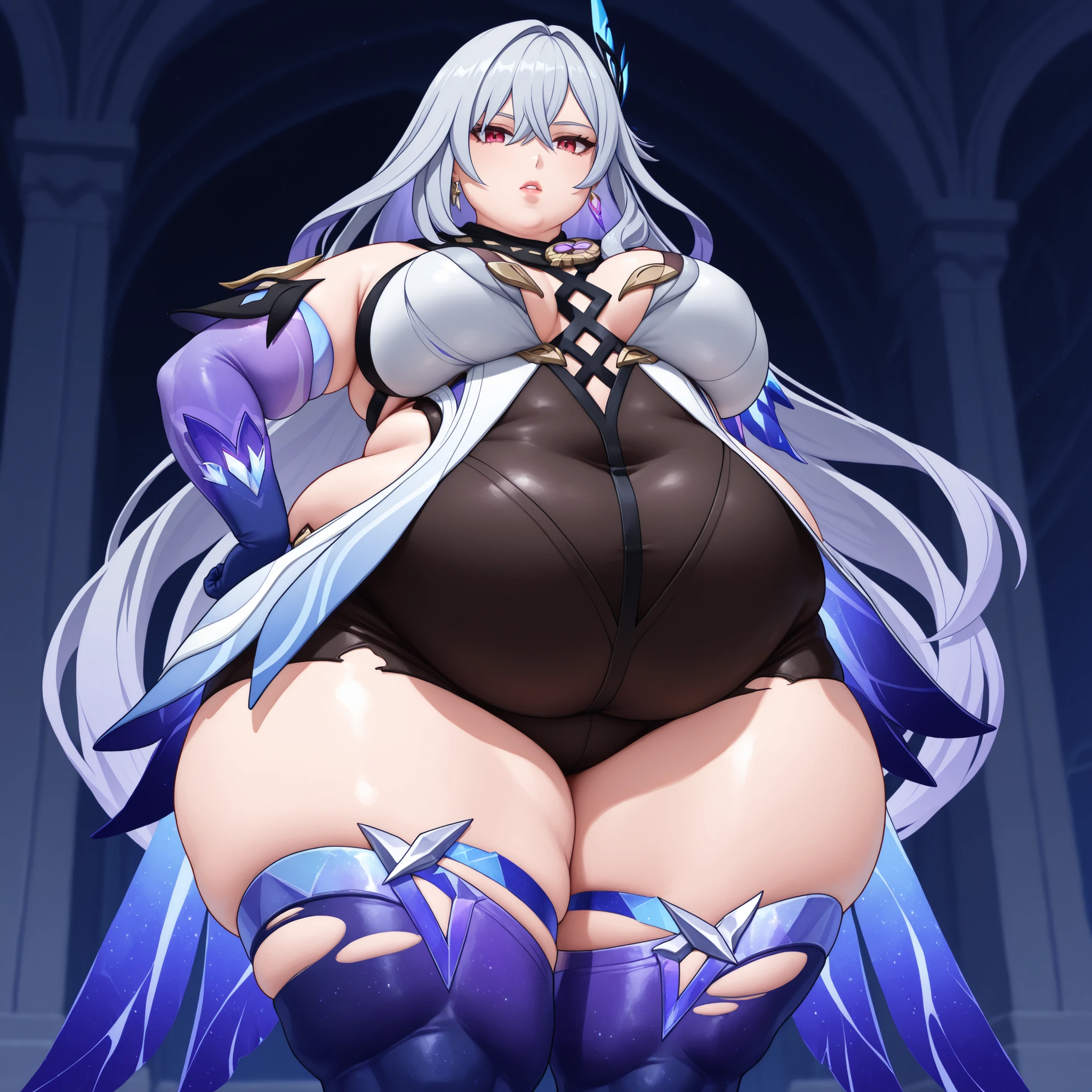 anime screencap, masterpiece, best quality,
1girl, solo, parted lips,
1girl, solo, mature female, skirk \(genshin impact\), genshin impact, 1girl, solo, breasts, long hair, gloves, thighhighs, looking at viewer, elbow gloves, hand on hip, bangs, hair ornament, jewelry, blue gloves, bare shoulders, grey hair, large breasts, earrings, thighs, blue thighhighs, purple eyes, very long hair, hair between eyes, torn clothes, leotard, dress, red eyes, defined legs , standing, closed mouth, black shorts, shorts, universe, event horizon masterpiece, best quality, very aesthetic, absurdres, extended upskirt, upshirt, inside clothes, underwear, aesthetic,
, (negative_v2 Color_Balance_Calibration:0.8), negativeXL_D, aidxlv05_neg, Stable_Yogis_Animetoon_Negatives, chubby, chubby girl, curvy, large breasts, lips, plump, thick thighs, thighs, (((oversized gigantic stomach)), curvy, large breasts, lips, plump, thick thighs, thigh, immobile