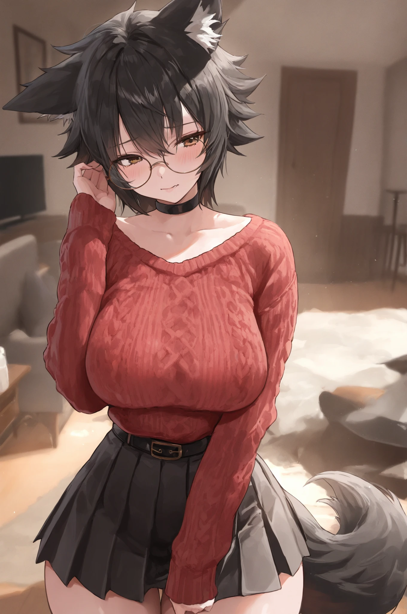 Solo, feline, female, grey fur, grey body, blue eyes, detailed eyes, black hair, stripes, tabby, striped, big breasts, black glasses, sweatshirt, hands behind back, jeans, ((by bebebebebe)), by buta99, by pgm300, night, cabin, fireplace, warm