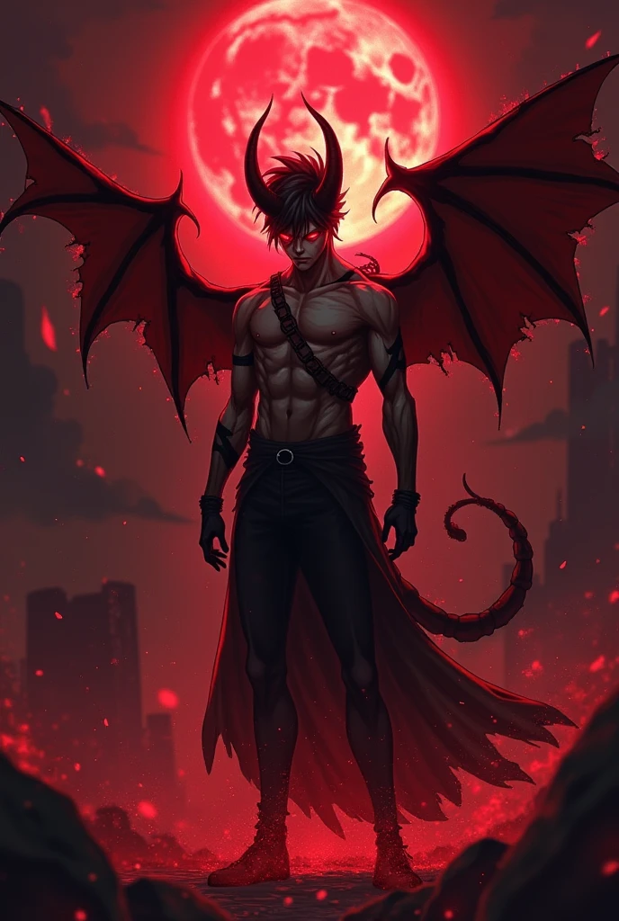 Demon in red background with greenish skin and long red glowing eyes moved by hurricane wind with outstretched hand with airbrush dynamic pose