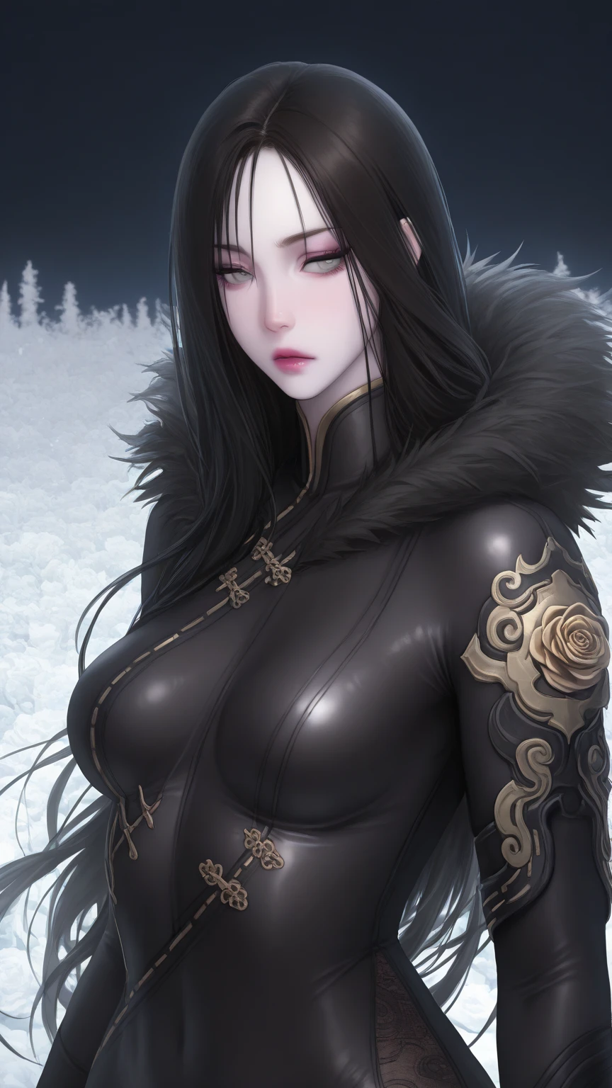 Beautiful tall woman with black hair with orange locks and pink eyes super realistic and well detailed in the snow