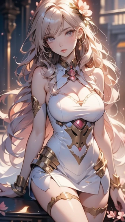 (Perfect Anatomy)、Mastepiece、Ultra High Quality、 8k、masterpiece、Highest quality、Ultra-high resolution、Maximum resolution、Very detailed、Professional Lighting、anime、woman、thin、Very beautiful face、Very beautiful eyes、(Highly detailed eye)、Highly detailed face、Blonde, (ahoge), wavy hair, Pink eyes, (gold hair, green dip-dye hair), stomach cutout, thigh boots, high heels, white mini pencil skirt, white off shoulder, makeup, eyeliner, eye shadow, pink cheek, pink lips, naughty face