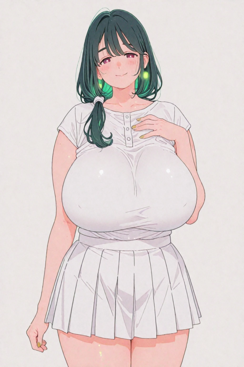 Pregnant woman, dark green hair, blue eyes, rainbow dress