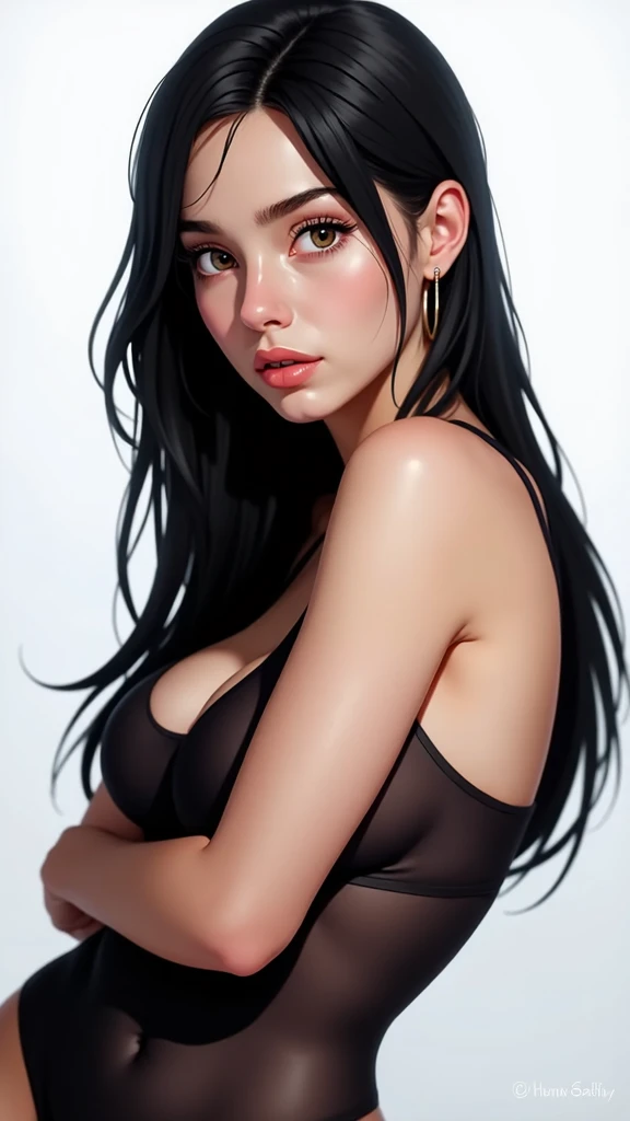 1 Girl,full body shot (1.3),close up shot (1.3), face shot, corridor,Soft Light, Italian Beauty,Tight Fit,dress,Light-haired,long hair,
white background, gorgeous American-Italian girl, doll face, with thick and long wavy black hair, big and large slender cat green bright eyes, long and thick curly black eyelashes, upturned nose, high nose bridge, fullest and plumpest with rosy red luscious lips, heart face shape, high cheekbones, shorter face, shorter chin, defined jawline, tiny face size, pale milky white traslucent perfect skin, whitening skin, hourglass shaped body, tiny and narrow waist, rounded hips, long and slender beautiful legs, big perfect brests (1.4), large breasts, bust size 83 cm, waist 58 cm, hips 86 cm, bra size 32 C, tall at 5’7, full body image, realistic, photorealistic, ultradetailed, skin texture, hyperealismHigh Resolution, Closed Mouth, highly detailed, high resolution 8K, wearing a tight fit black dress highliting her horglass body, 25-years-old