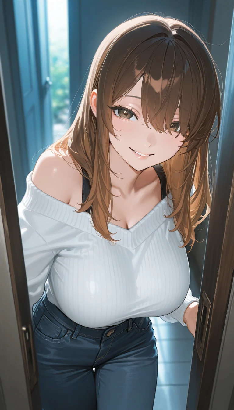((Tabletop, highest quality, High resolution, , Pixel perfect, 4K,))), 1 female teacher, single, alone, beauty、The whole body is visible、 ((Mid-wave hair, bangs, Brown Hair)), ((Brown eyes, Beautiful eyelashes, Realistic eyes)), ((Detailed face, Blushing:1.2)), ((Smooth texture:0.75, Realistic texture:0.65, Realistic:1.1, Anime CG Style)), Mid-chest, Dynamic Angle, Perfect body, (( , ,  Beige off-the-shoulder sweater, 、)), No bra、Nipples are visible、Soft Breasts、Very embarrassing panic smile, 、Leaning forward、classroom、Put your hands on the board、Stick your butt out。Side bust、(Light blue floral lace panties)、Angle from below)、