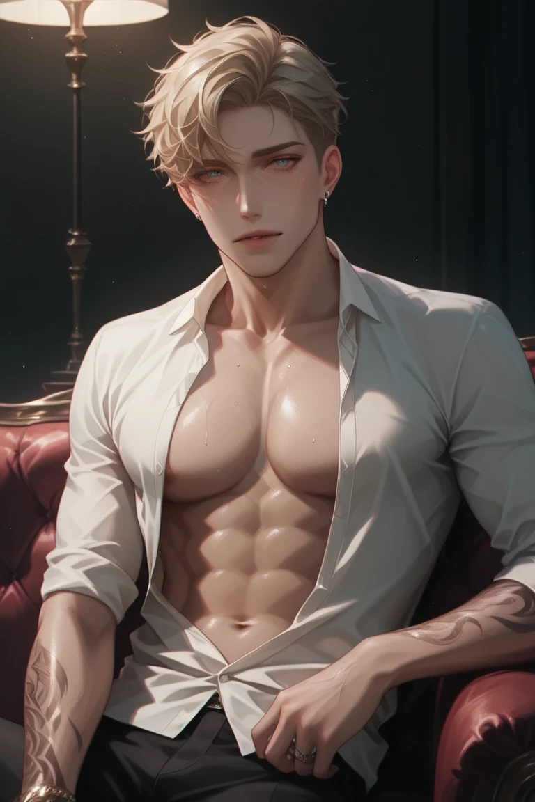 1boy, extreme realistic very handsome young boy, having very realistic well defined body shape features and well defined abs and packs, wearing transparent white shirt, male_focus, muscular, muscular_male, solo, bara, pectorals, pants, short_hair, navel, large_pectorals, abs, nipples, sitting, jacket, white_pants, open_clothes, window, indoors, looking_at_viewer, open_jacket, parted_lips, brown_hair, black_hair, bare_pectorals, bangs