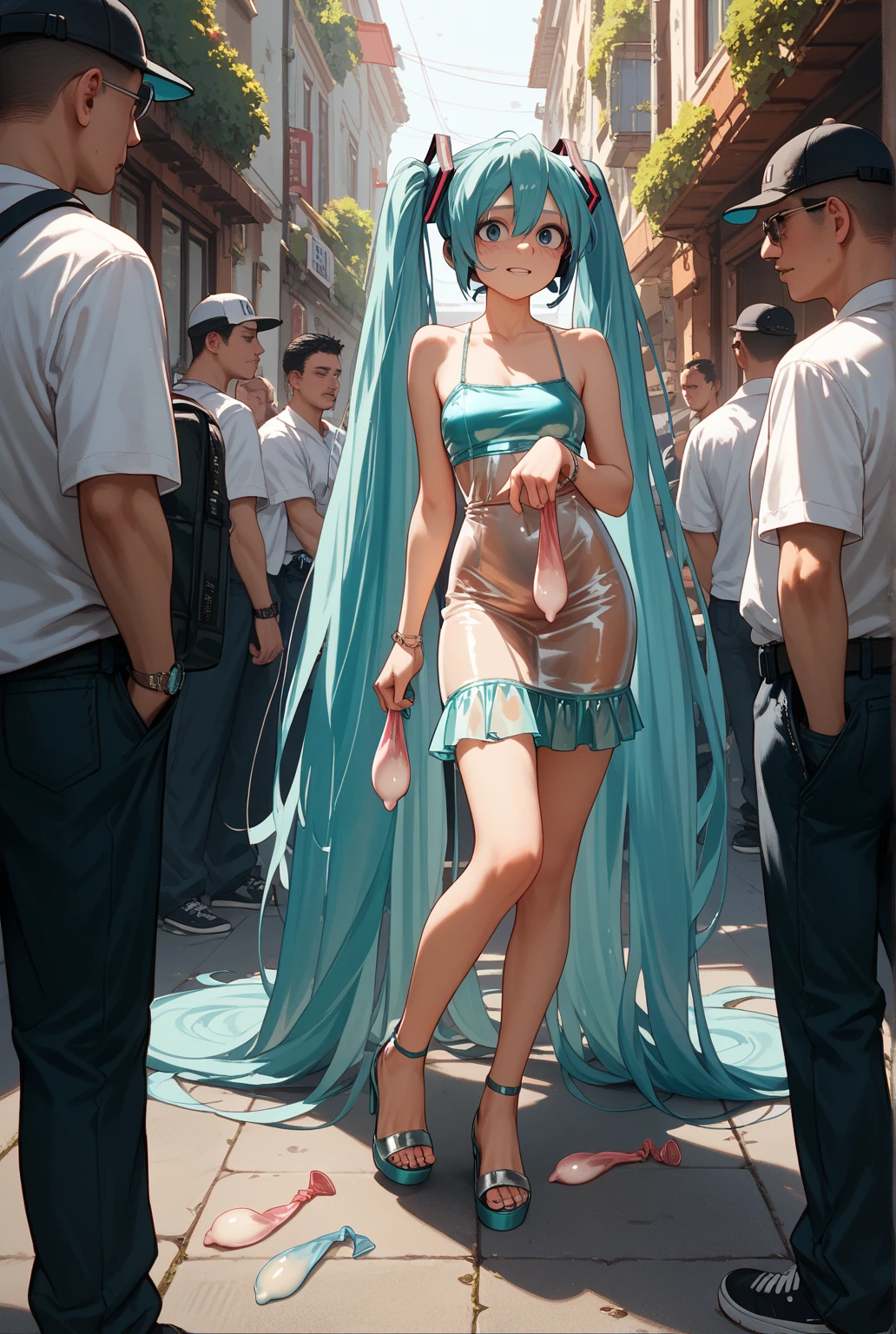 8k,(masterpiece:2),(best quality:2),(ultra detail),((realistic)),(strong backlighting),((((public indecency)))), lum,lumlum,horn, green two-tone hair, ((a matured female is all nude)),medium breast, nipples,,(blush),(embarrassed),,upper body,(((((squatting))))),(((spread legs))), ,(((((urinating))))),,on the street,,(gleaming skin),((sweating)),,looking at viewer,(((close to viewer))),(((out door))) ,(((((among the crowd))))), in the big town,mid day,clear blue sky,
