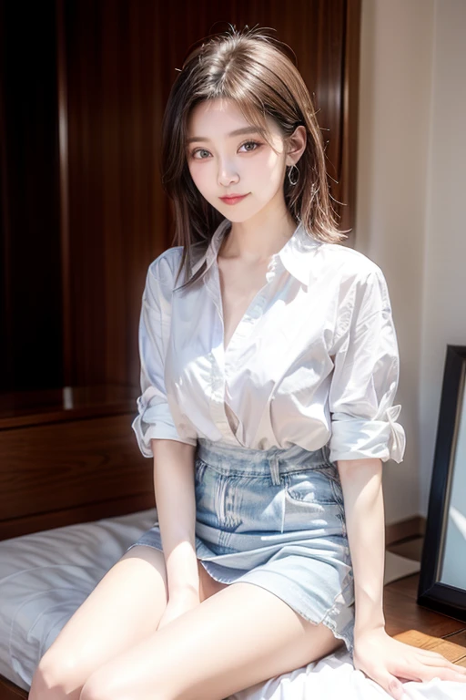 Beautiful woman tied up and restrained、Well-formed face、Make the eyes even、Hands tied with rope、Align your feet、Bright interior、Dark colored short sleeve shirt、mini skirt、look forward to、Her white panties are visible between her skirt and legs.、sitting on a chair in front of a wall、Bright interior、25age