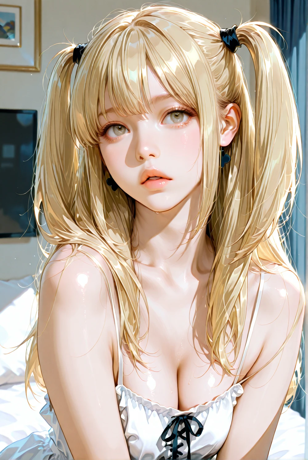 bsurdres, (masterpiece, best quality), (ultra-detailed), extremely detailed, super high resolution, (Top Quality photorealistic Illustration), (Super Definition), (best quality,masterpiece:1.0),(cute illustration:1.3), (high Saturation:1.2), highres, ultra-detailed, 32k,8k resolution, intricate details, cinematic scene, detailed background, detailed background,(masutepiece:1.2), (Best Quality:1.2), hyper detailed illustration, beautiful artwork,(Extreme detail CG Unity), (8K Wallpaper)、(exquisite lighting and shadow)、(highly dramatic picture)、(cinematic lens effects),strong light coming in,BREAK (dynamic angle:1.6), (close to viewer:1.6)(lie down on the bed)BREAK 1 girl, (aaerika:1.8),cute girl, (round face:1.6), (baby face:1.6), (kawaii:1.6), (cute:1.6), (loli face:1.6), (round eyes), (ultra-detailed brilliant big eyes), (large pupil), ((shiny skin)), ((pale skin)), (shy), (blush), smile, BREAK baby pink eyes, long hair, twintails, hair ribbon, BREAK (completely nude:1.8),medium breasts, (small nipples:1.2), (small areolas:1.2),