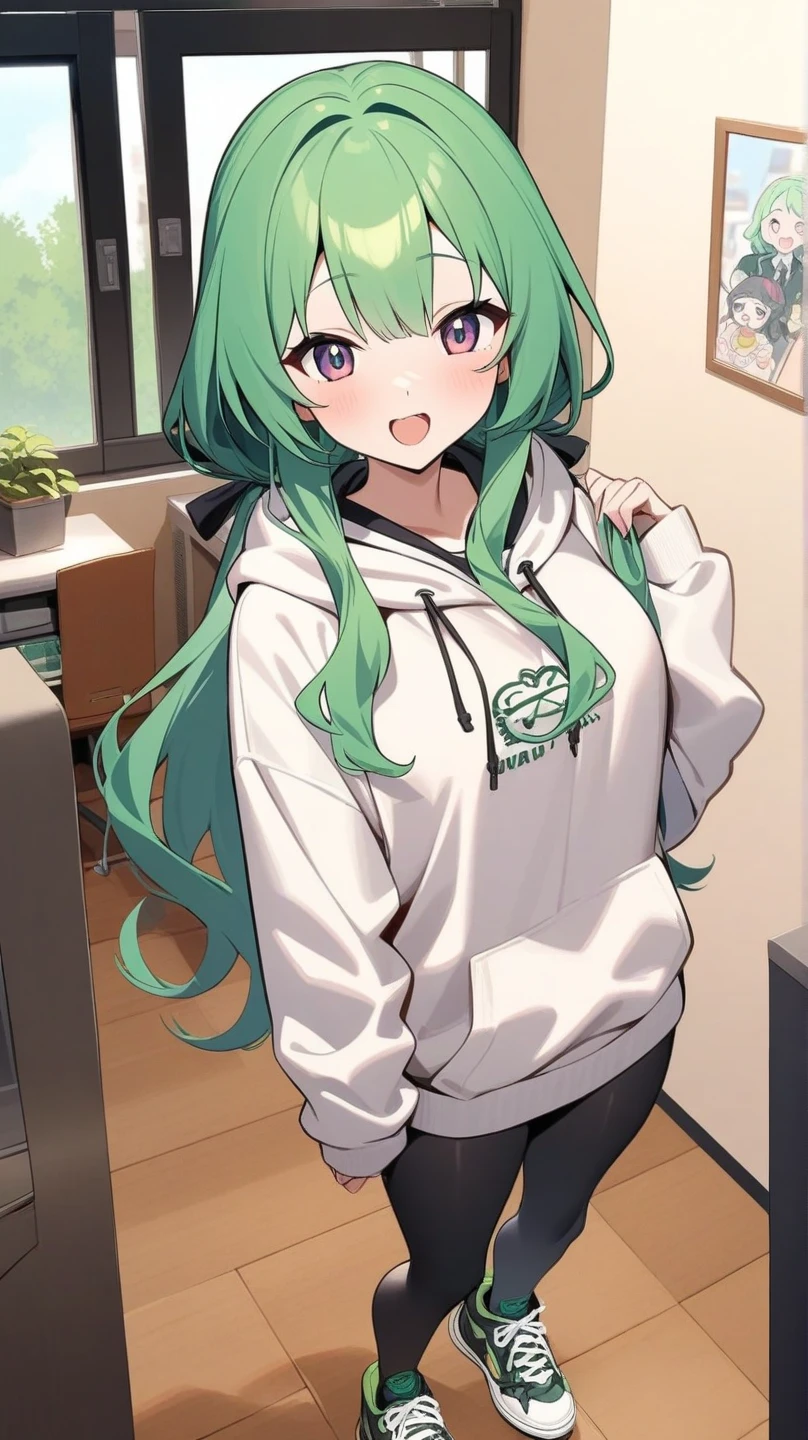 Pretty asian woman, bright silver hair, long hair, green eyes, , black shorts and a green hoodie, cute, sitting on a wooden barstool ,empty background, pretty smile, anime style, full body photo, facing to the right