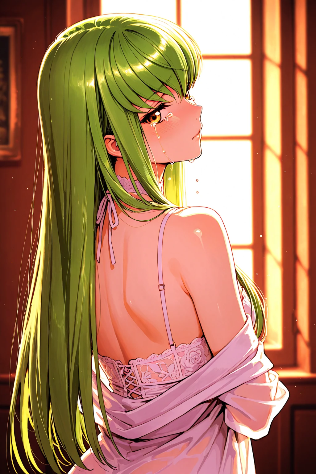 Browsing Caution (masterpiece, Highest quality, Very detailed, Best Shadow, Volumetric lighting), (Beautifully detailed face, beautiful fine grain), (Best lighting), c.c., code geteeth, Green Hair, Very long hair, Wavy Hair, Orange eyes, fine grain, Center of chest, teeth, Ashford Academy Swimsuit, whole body, intense angle, Lie sleep nap , ((Close ~ eyes))++ sleep Sloppy posture , indoor, Bedroom Beautiful night view sleep Completely naked topless Lie (((sleep)))++ (((Sleep)))++