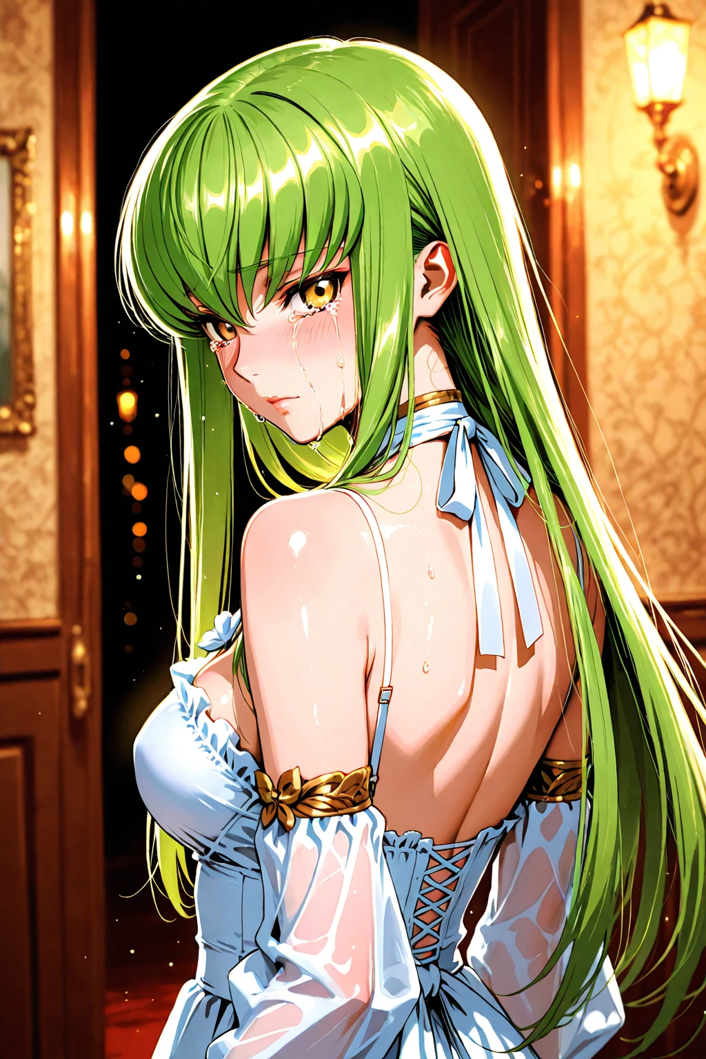 Lindis,(Beautiful adult woman1a person),(((green colored hair:Long ponytail))),(Realistic portraits),(Realistic),(Best Quality),(amazing),(masutepiece),(top-quality),(Top image quality),(Top resolution),(finely detail),(beautifull detailed face),((closing eye)),(beautiful detailed nose),pink detailed lips,(Beautiful white skin:shiny),normal arm muscles,Normal abs,(Large breasts:Pink nipples and areola),(beautiful small ass),normal leg muscles,((Pubic hair is visible)),((Beautifully balanced proportions)),(((Hell:Night:细致背景))),(((lie down on your back on the cobblestones))),