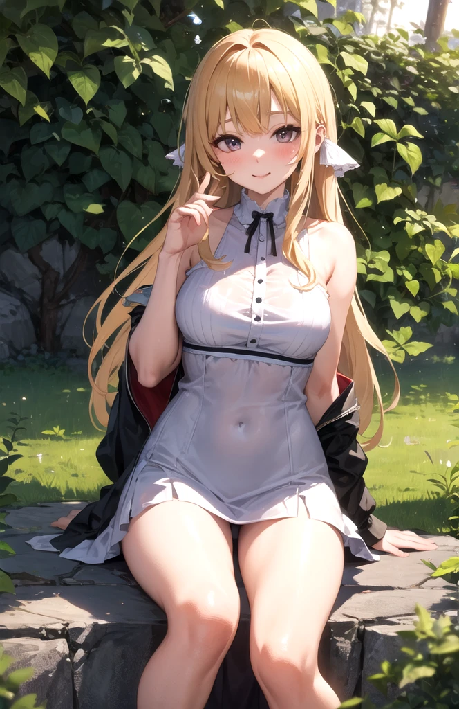 Obra maestra, NSFW, erotic, 18+, mejor calidad, high resolution, aarurutie,1 chica, vestido de novia, vestido blanco, de pie, garden, sonrisa, boca abierta, pelo largo, pelo rubio, x adorno para el pelo, blue eyes, cola de caballo, adorno para el pelo,