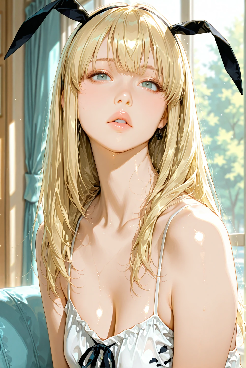 Masterpiece, from head to thigh, extremely high contrast, best image quality, three-dimensional shading, ultra-high image quality, 8k, milky transparent skin, slightly visible the tips of breasts from the thin white bra covering the breasts, wet thin thin white sheer underwear, very pretty and beautiful girl, ecstatic face details, fountain, sweat, wide open legs and bare thighs, delicate body, big green eyes , Shy, long blonde, young thin limbs, young features, surreal body, photoreal, ecstatic facial details, anguished face, lying on your back, soaked, sighing with frowns --auto --s2