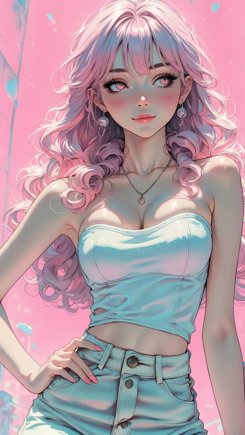 ((top-quality, 8K)), (Realistic), (Face Focus: 1.1), (White and pink: 1.3), woman, (milf), (sexy body), (huge breasts), long-hair, Body from the waist up, Hair fluttering in the wind, Facing to the side, Look up at your face, Eyes closed, (Sleeveless: 1.1), Skirt, Countless soap bubbles,