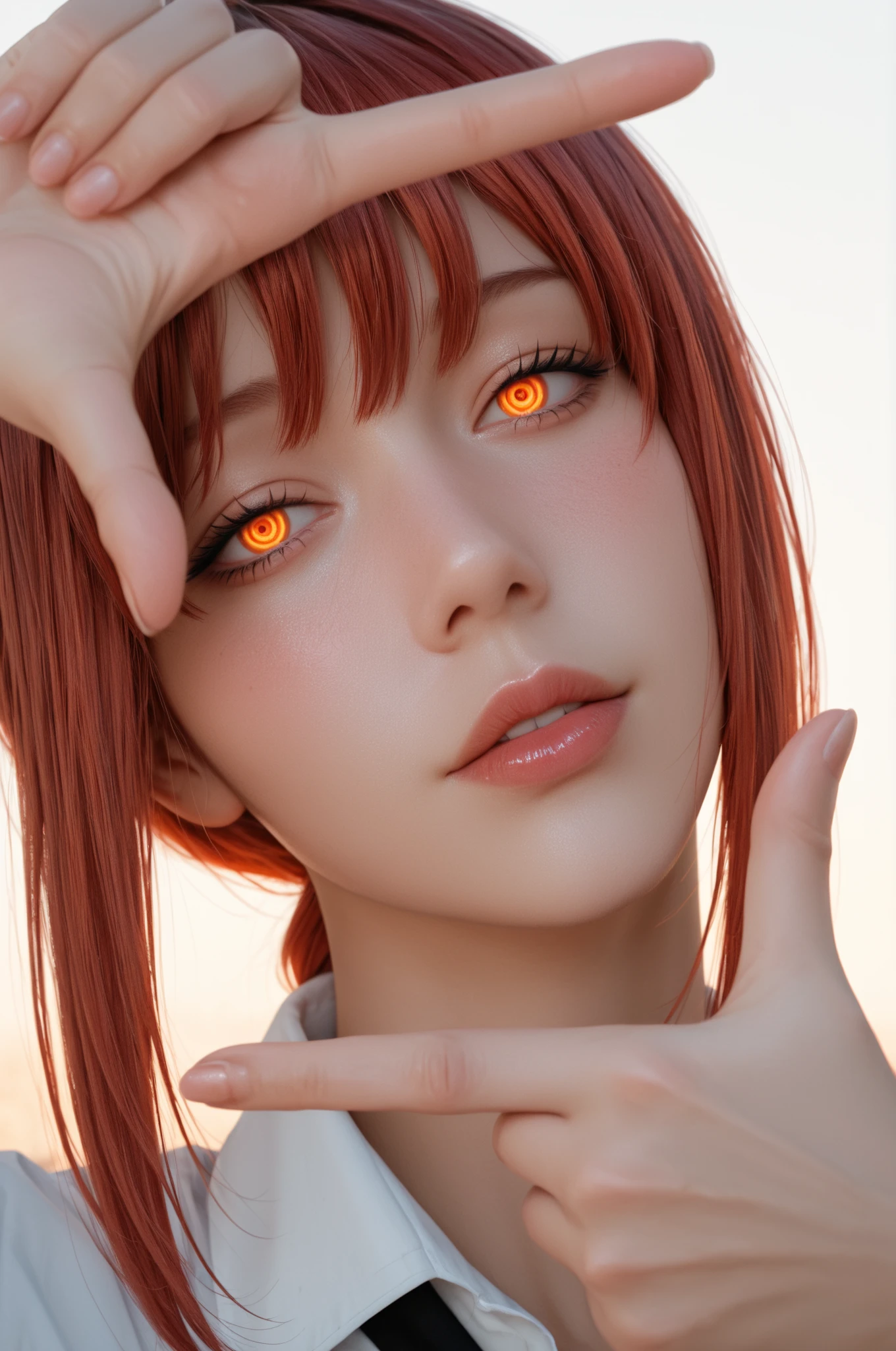 (masterpiece:1.2) and (best quality:1.2) and (photorealistic:1.4) and (Realistic:1.4) , Detailed Skin Textures , detailed skin pores, cosplay, 1girl, solo, shiny skin, upper body, parted lips, orange eyes, red hair, jacket,