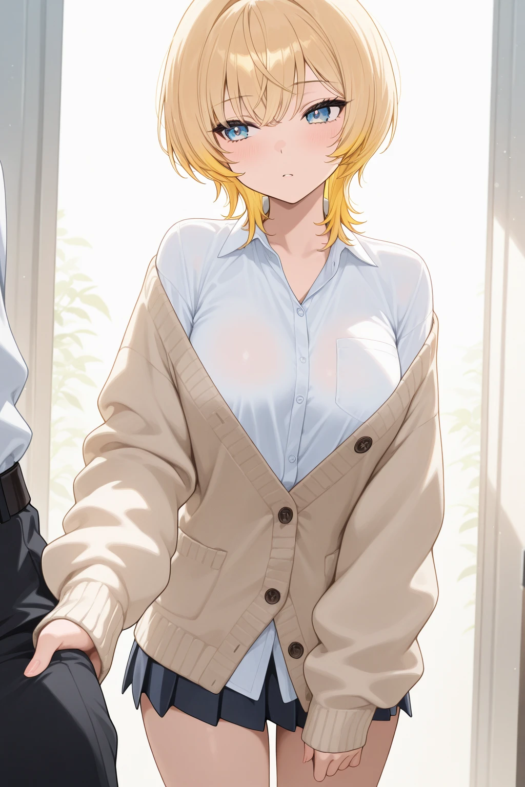 masterpiece, best quality,anime style, 1 girl,(((slender body))), (((small breast))), ((((breastfeeding a baby)))), (((breast milk))),(((blue blazer,white shirt,pleated skirt,blue tie,black pantyhose,bra))),(((((3 penis monkey grabbing the girl))))),((((restrained, arms behind back)))),((((cum)))), (beautiful face), (((short hair))), (((straight hair))), ((((blonde hair)))),detailed beautiful skin, (perfect hands, perfect anatomy),scream