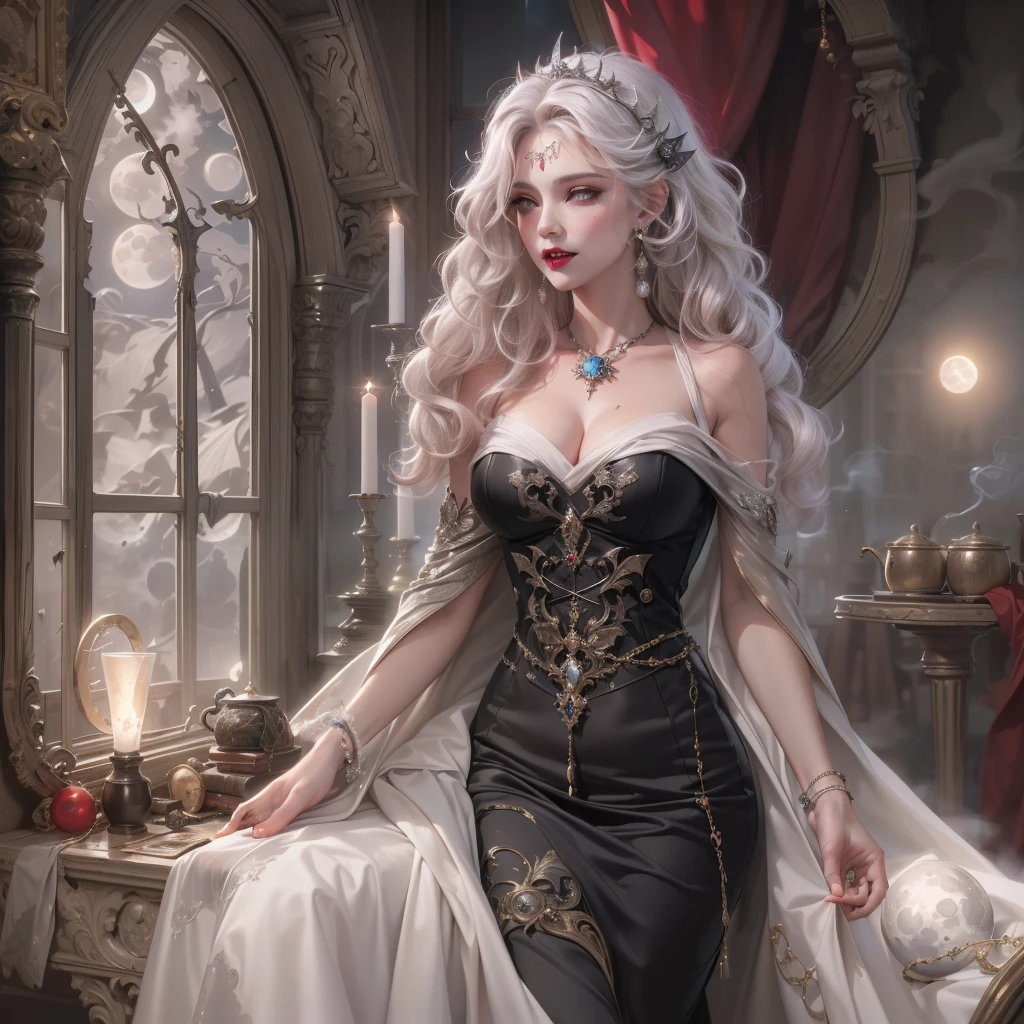 A young female vampire, beautiful, in a silver gown, holding a glass of wine in her hand. --auto --s2