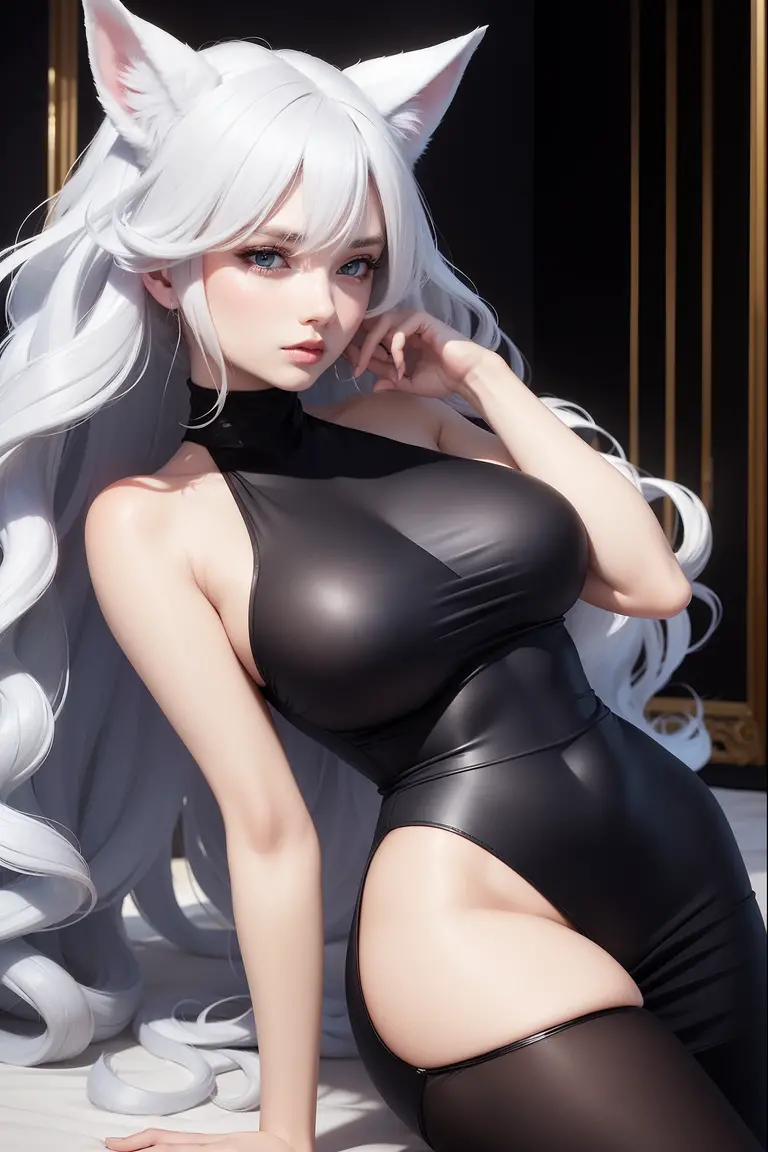 High quality, best rendering), (Beautiful women, Mirko, MHA), (bomb, pin-up style), hot, floss, perfect body, muscular body, big breasts, fitness, silver hair, long straight hair, long rabbit ears, elaborate hair, on bed, sleeping on your back, psychopath, crazy face, body turned forward, legs spread, hands behind the head, Leotard with white and blue edging, center, scales to dimensions, camel toe,