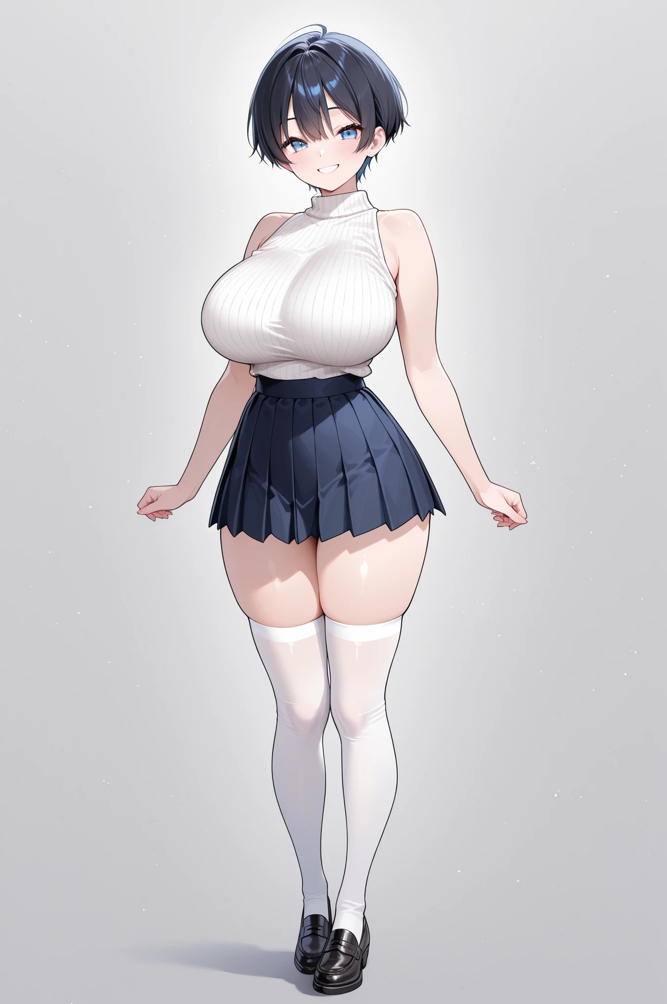 solo cute girl standing ,very long legs, short torso, black thighhighs, open legs, tiptoe, high-waist skirt, frilled white off-shoulder shirts with shoulder straps, huge breast, cleavage, nose blush, smile for viewer, BREAK, masterpiece, best quality, ultra-detailed