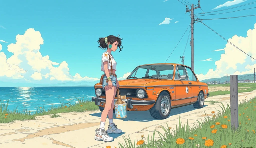 16:9,(80's, Retro, City Pop), (Album cover), (masterpiece, Highest quality, Intricate details), (anime, figure), (pastel colour:1.3),Ocean,blue sky,Sit in the car,
girl, alone, smile, A perfect eye for detail, Delicate face,High Fashion, 