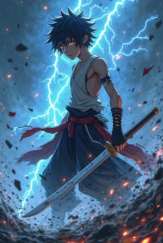 1kid boy, muscle, Full body version, 1character, purple eyes, short haircut, angry eyes, black color hair, topless, boots, Grassroots, full background in field town, motion blur, lighting, (one piece art), battle gesture, bandage, smoke effect, fire burning in hand, 