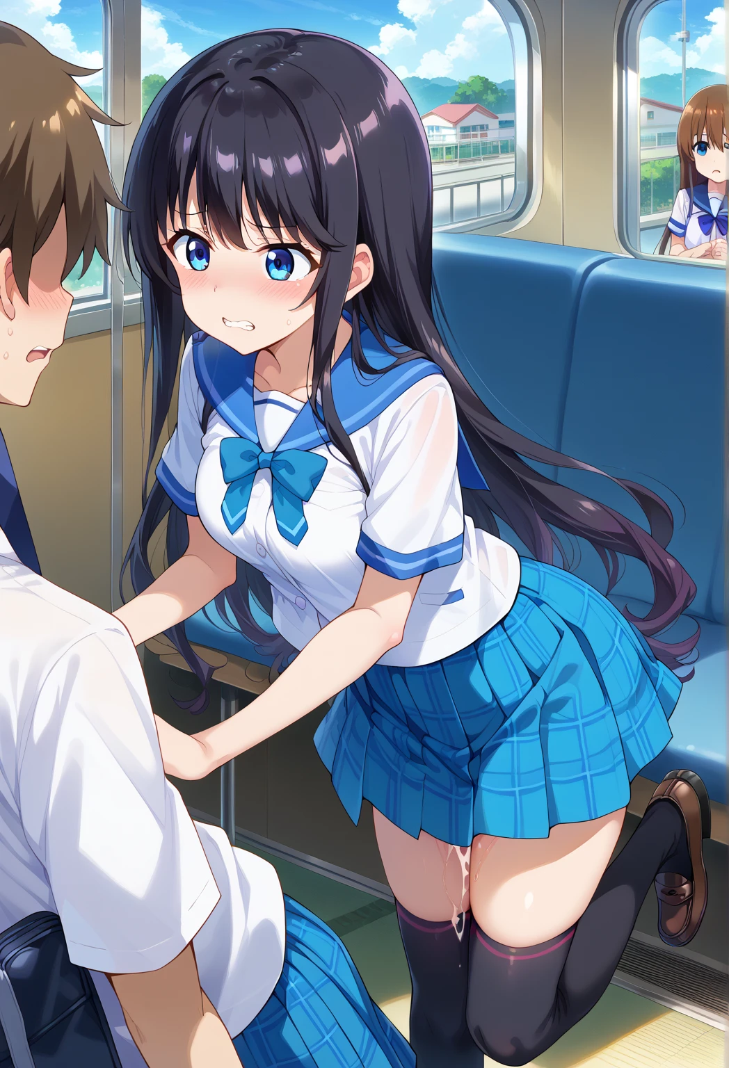 score_9, score_8_up, score_7_up, source_アニメ, masterpiece, 1girl, watahana, Blue eyes, hair ornament, hair flower, school outfit, blue dress, sailor dress, white sailor collar, red bow, Indoors、on the train, Molester、full body, Eyes are hearts、Primary school students, Black hair、Shiny Hair, Highest quality、skirt open、blush、Watery eye、???、????????、vaginal penis, missionary, saliva trail, (??????), Drooling pulls a thread、????? overflowing、A lot of semen、Violent ????、(Trembling)、1boy, ??????????? with a man, Insert the big ?????、((uterus at viewer penis inserted into pussy from cross section looking through))