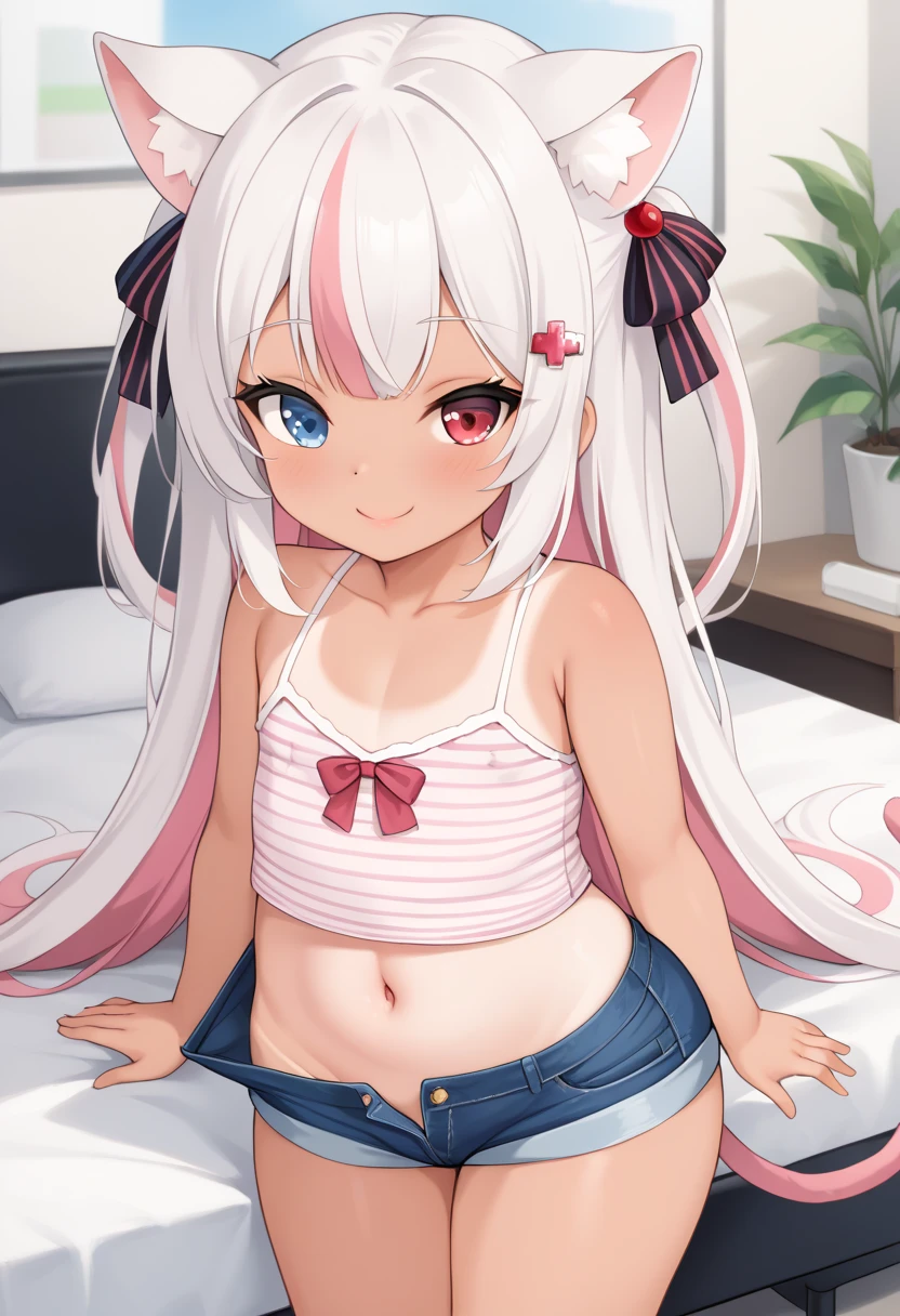独奏,Whole body、(looking back over their shoulder), Young face、long silver Hair、long Twin tails、Spoiled brat、Immature body、(Small breasts)、smile、(Thick thighs:1.5)、red eyes、Backwards、looking at viewer、Open mouth、double teeth、fang、blushing and sticking out her cute tongue, tongue out、(big Buttocks:1.5) 、Character portrait, wearing a pink Nurse costume、Hospital bed、nurse、cowboy shot、delicate features, soft, pastel colors, intimate, (best quality,4K,8k,highres,masterpiece:1.2),ultra-detailed,(realistic,photorealistic,photo-realistic:1.37)、(little demon horns and tail)