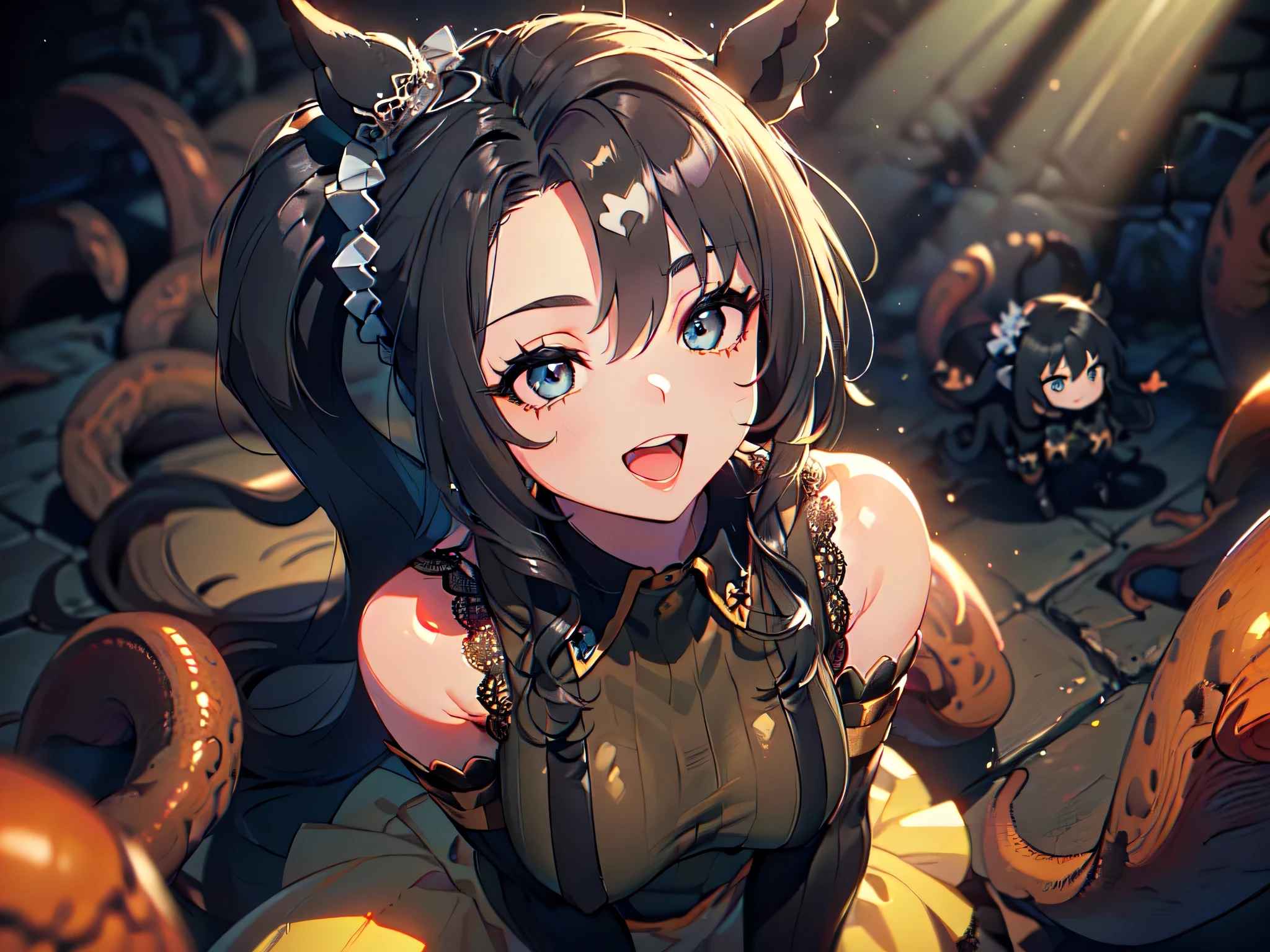 (Left tilt, upper body POV, 3D work, deep shadow, underground black wall, surrounded by tentacles, lower body buried in tentacles, dancing particles: 1.5), (Super cute girl, with collar, suspenders, vertical knit sweater, lace blouse, lace black shorts, horse ears, ruffled hair accessory, headband hair accessory, mini hat hair accessory: 1.5), (ponytail hair, wavy hair, super long hair, arms behind head, arms spread, kneeling, crawling, girl on top, straddling, smile, open mouth, blue eyes, highlight emphasis, more highlights, rim light, anatomically correct, transparent texture, masterpiece, highest quality, maximum resolution, maximum detail, sharp drawing: 1.5)