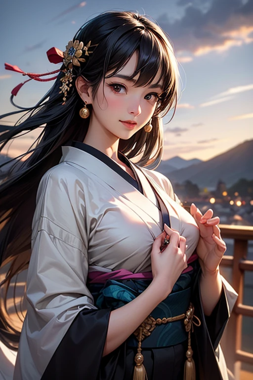 1womanl、White skin、Beautie、oriental、light blue eyes、Fit, lightsmile, (Black and white gradient long straight hair)、break, Colossal tits、cleavage of the breast、Pure white Japan kimono、snow mountains、Particles that glow white、The glow of snowflakes、thigh visible、break, Ice Crystal Earrings, hiquality、ultra-detailliert