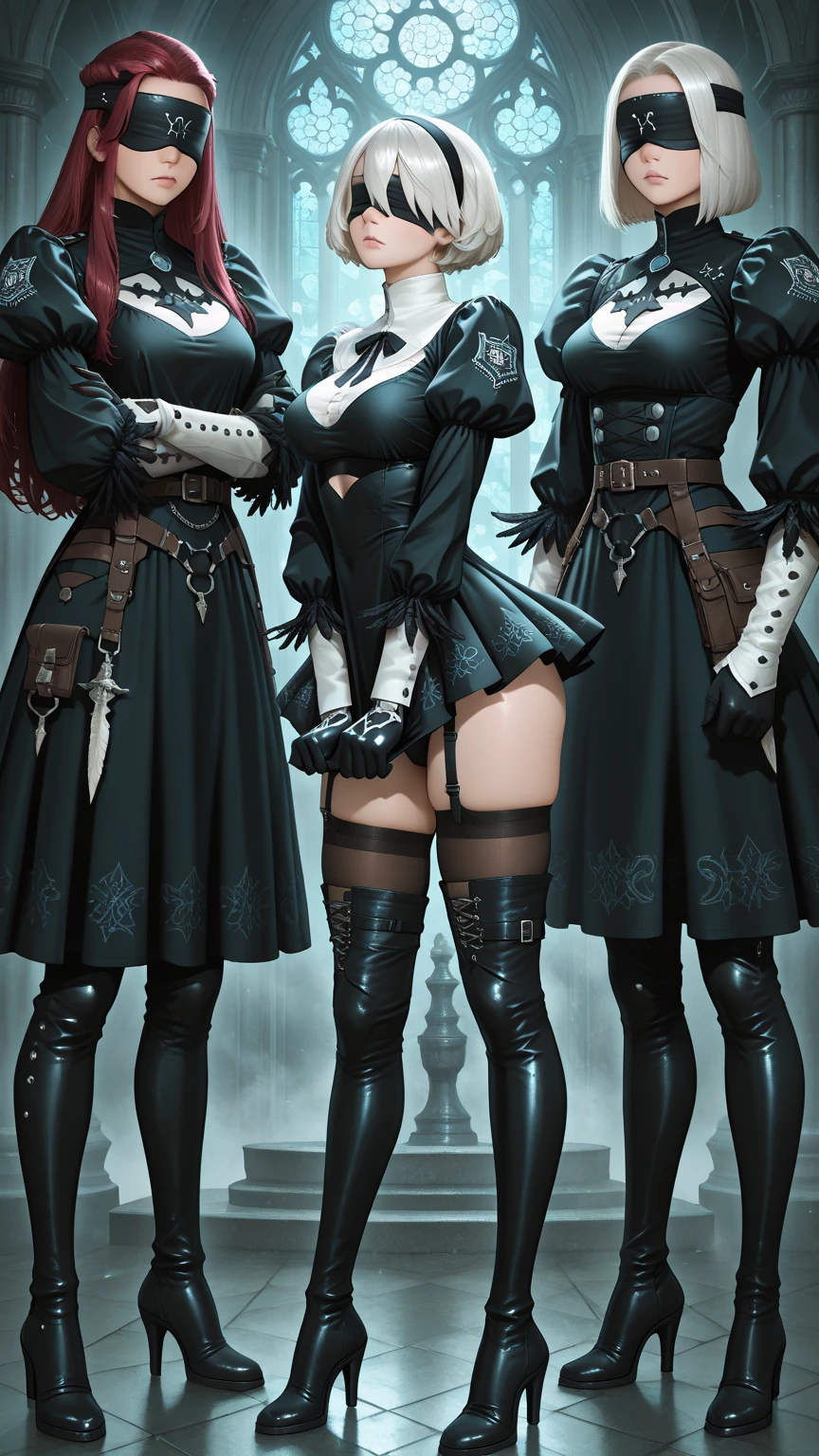 Sexy three moms girls, Curvaceous Body, wearing latex skirt and boots, visto desde abajo, de noche con el pasto destruido