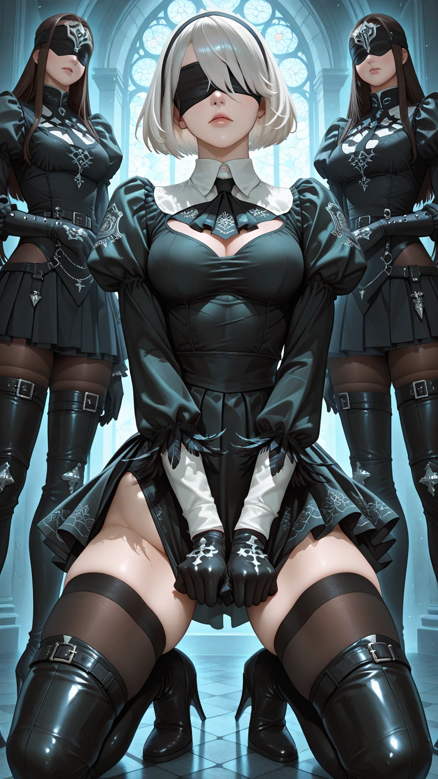 Masterpiece, dynamic shot, (multiple female characters), A picture of beautiful succubus on a leash surrounded by sexy nuns , beautiful demon girl, horror, dark, sexy, rough domination, domination, on a leash, bdsm, beautiful bodies, slim, horror style, highly detailed faces, (silk underwear), stockings, leather tight boots, closeup