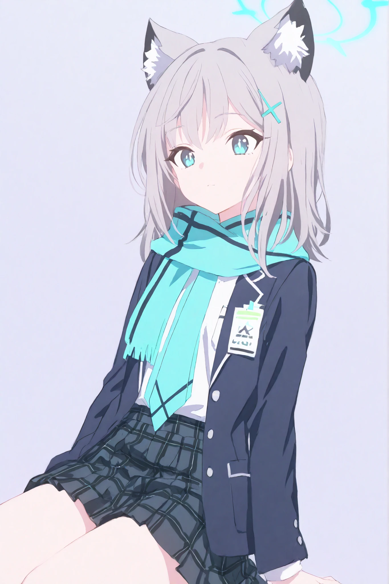 1 student, second-year high school student , very short skirt, white background, 바닥에 sitting, Sirocco(Blue Archive), shiroko sunaookami, animal ears, blue eyes, grey hair, hair ornament, hairpin, halo, medium hair, wolf ears,
checkered clothes, checkered skirt, school uniform, skirt, scarf, white background, sitting, The face is slightly red, Blue Archive 그림체
