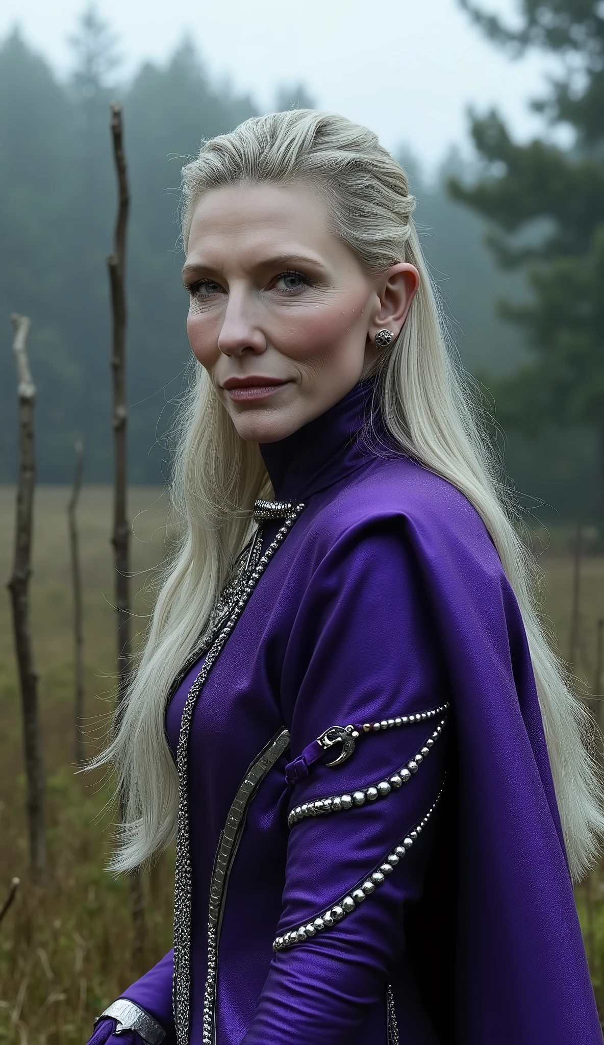 Make Cate Blanchett like Sindel from Mortal Kombat super realistic dressed in purple with details in silver and black, cabelo prata/Gray in a rural forest with stakes in the ground and very high quality with a superior body of a super realistic house in 8k