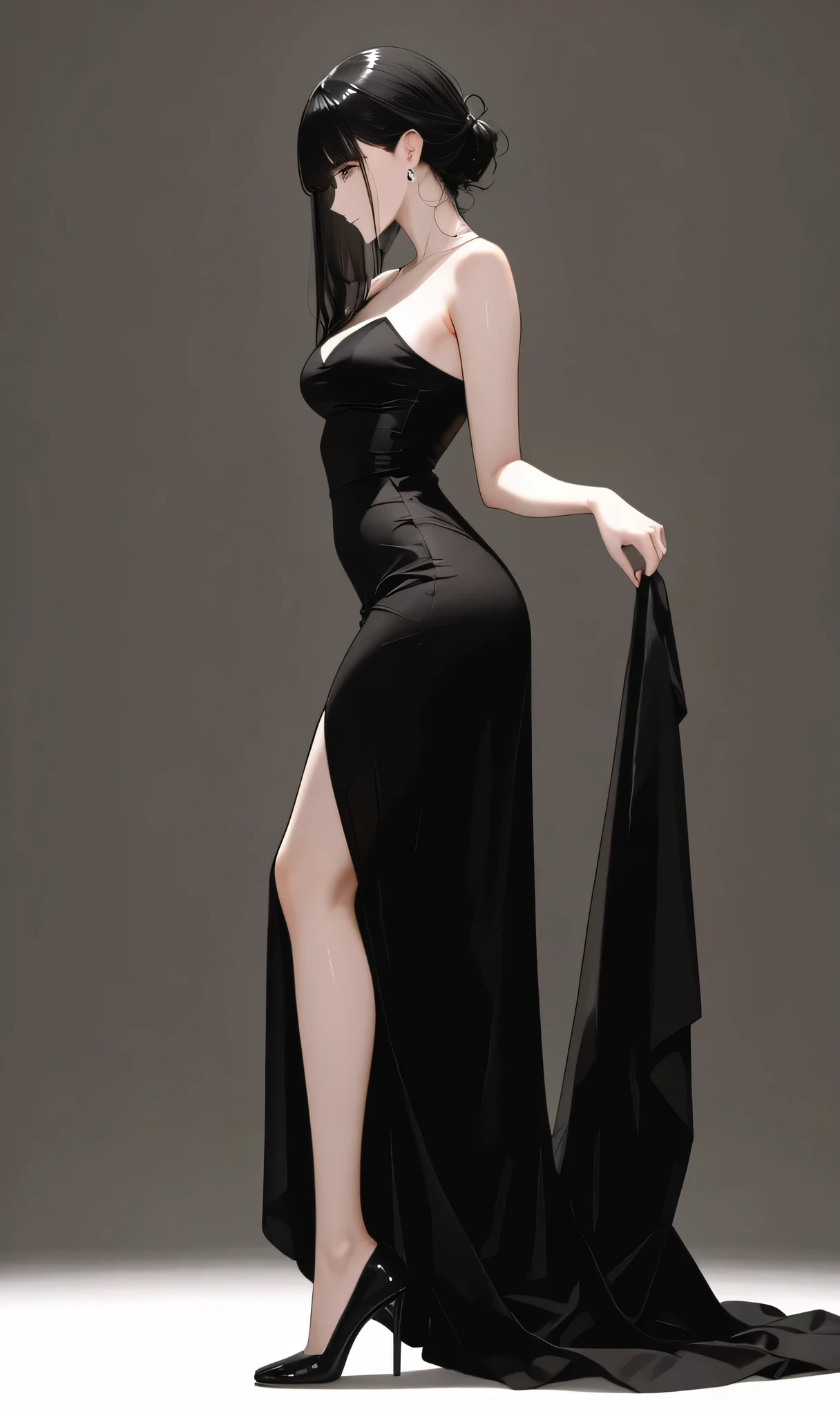 Realistic, high resolution, 1 girl, black wavy hair, Korean, heterochromatic eyes, slip black maxi dress, small breasts, long legs, tight abs, catwalk